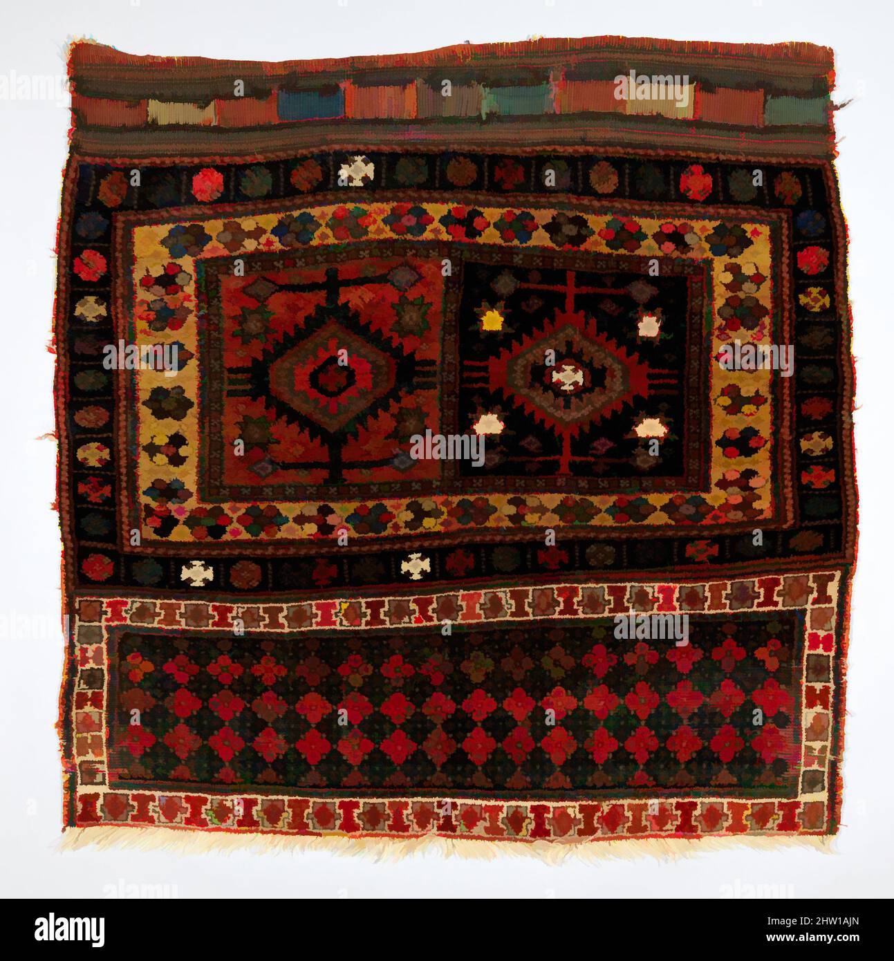 Kunst inspiriert von Gesicht aus einer großen Tasche (Chuval), ca. 1860–70, Herkunftsland wahrscheinlich westlicher Iran, Wolle (Kette, Schuß und Haufen); asymmetrisch geknüpfter Haufen, Webteppich, H. 43 Zoll (109,2 cm), Textilien-gewobene, Klassisches Werk, modernisiert von Artotop mit einem Schuss Moderne. Formen, Farbe und Wert, auffällige visuelle Wirkung auf Kunst. Emotionen durch Freiheit von Kunstwerken auf zeitgemäße Weise. Eine zeitlose Botschaft, die eine wild kreative neue Richtung verfolgt. Künstler, die sich dem digitalen Medium zuwenden und die Artotop NFT erschaffen Stockfoto
