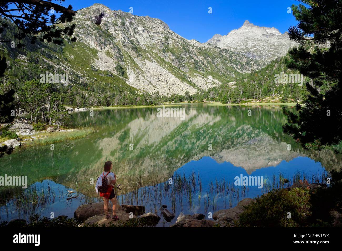 Frankreich, Hautes Pyrenees, Saint Lary Soulan, Nationales Naturschutzgebiet Neouvielle, Wanderung zu den Seen von Neouvielle, kleine Seen von Les Laquettes Stockfoto