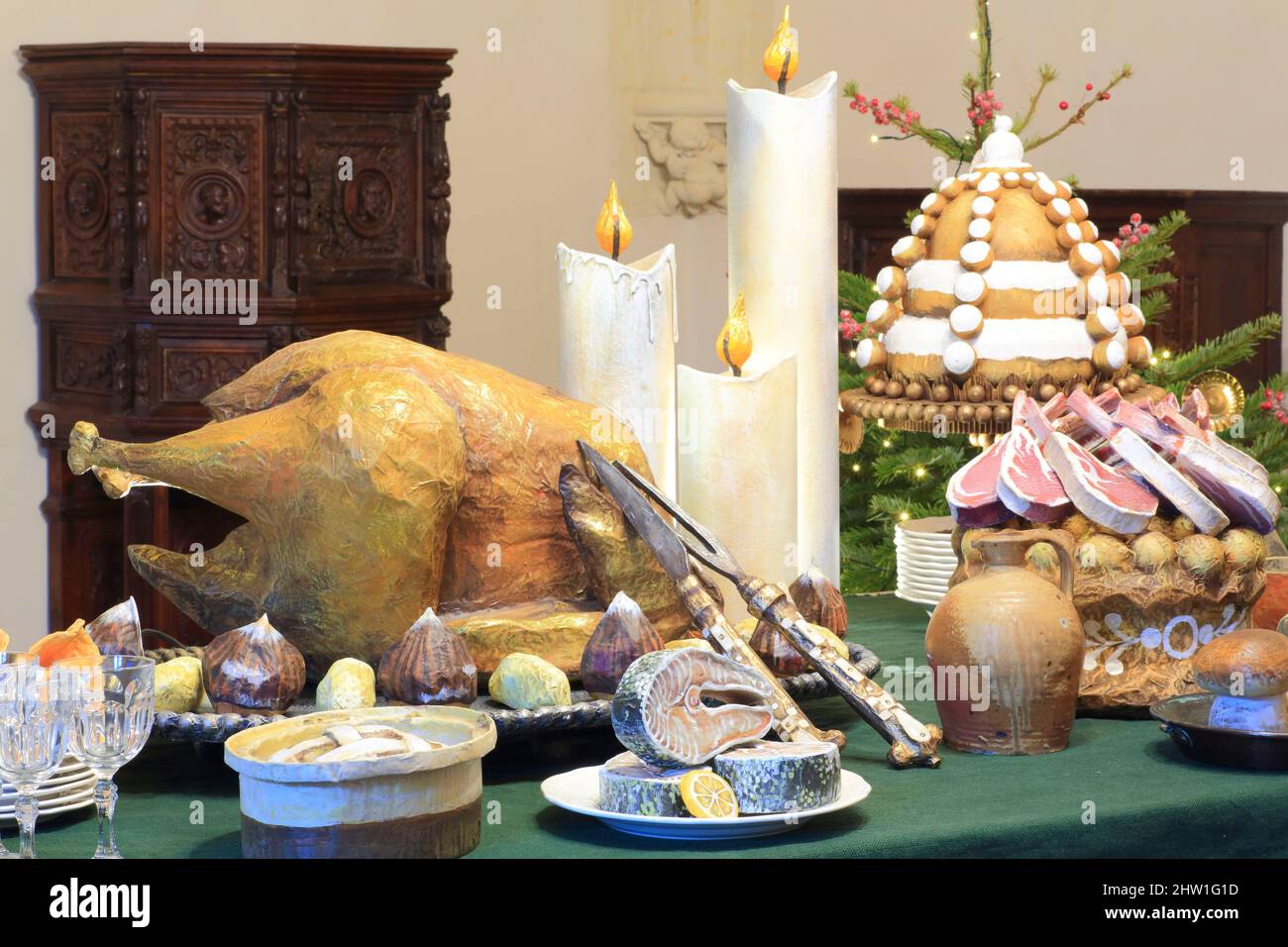 Frankreich, Indre et Loire, Loire-Tal, UNESCO-Weltkulturerbe, regionaler Naturpark Loire Anjou Touraine, Azay le Rideau, Schloss im Renaissancestil (1523), Weihnachtsbuffet im Land der Schlösser mit einer Szenografie des bildenden Künstlers Veronique Chauvet Stockfoto