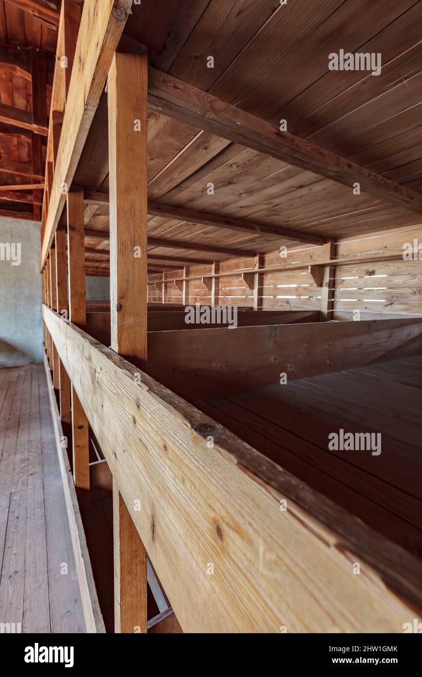 Schlafsaal mit hölzernen Etagenbetten, rekonstruierte Hütte, in der die Deportierten schliefen Stockfoto