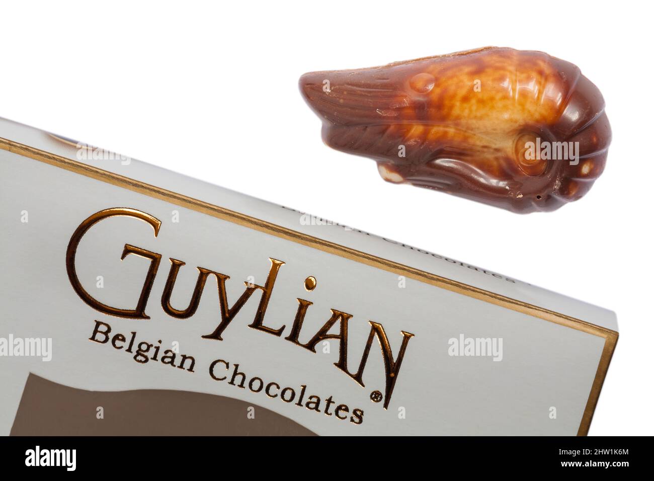 Guylian Belgian Chocolates Muschelschalen Schokolade Muschel mit Box-Set auf weißem Hintergrund - feinste belgische Schokolade mit Haselnuss-Praline-Füllung Stockfoto