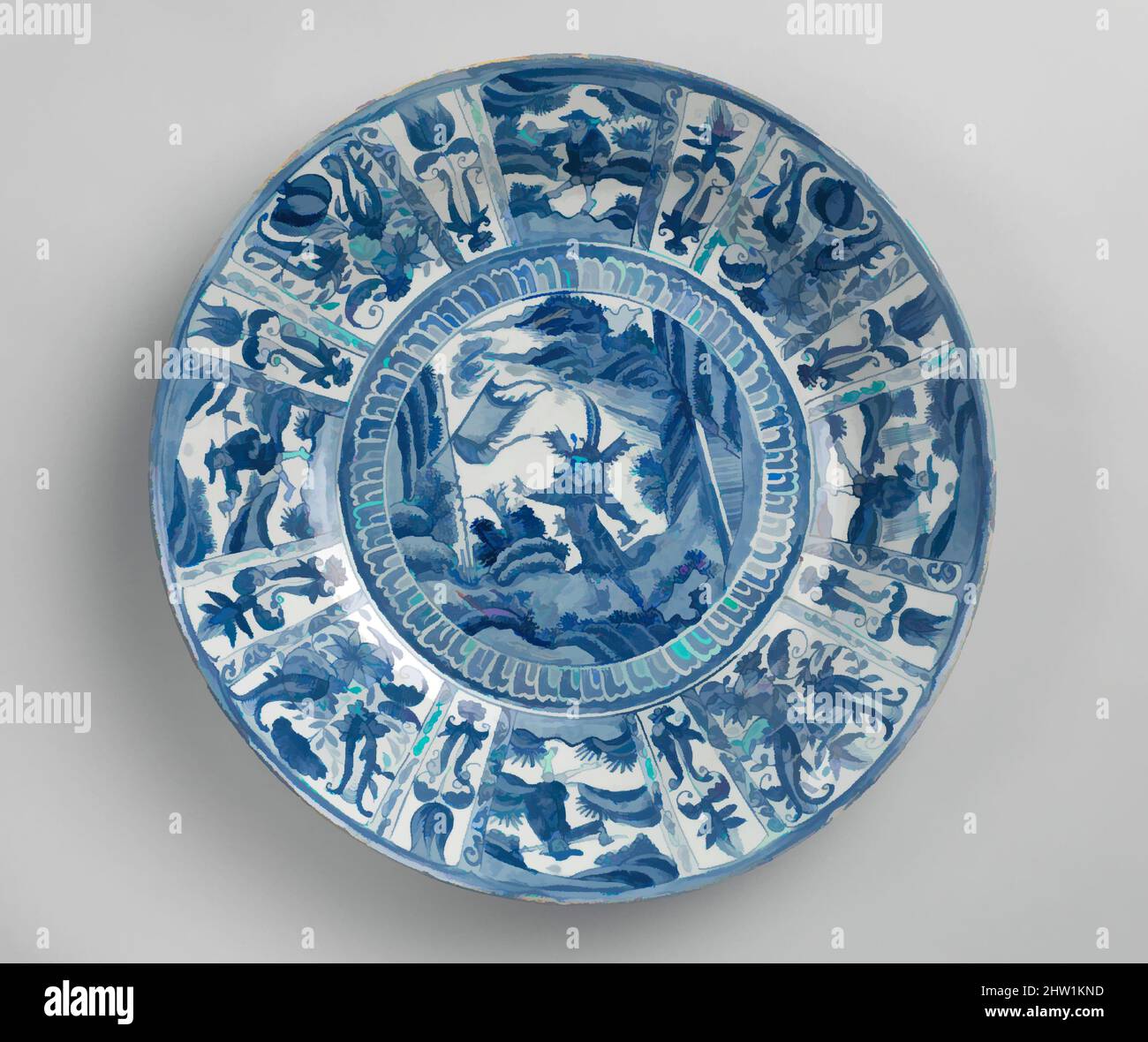 Kunst inspiriert von Schale mit Krieger, Ming-Dynastie (1368–1644), Chongzhen Periode (1627–44), China, Porzellan mit Kobaltblau unter einer transparenten Glasur gemalt (Jingdezhen Kraak Ware), H. 4 in. (10,2 cm); Durchm. 18 5/8 Zoll (47,3 cm); Fuß-Durchm. 10 1/2 Zoll (26,7 cm), Keramik, The, Classic Works modernisiert von Artotop mit einem Schuss Moderne. Formen, Farbe und Wert, auffällige visuelle Wirkung auf Kunst. Emotionen durch Freiheit von Kunstwerken auf zeitgemäße Weise. Eine zeitlose Botschaft, die eine wild kreative neue Richtung verfolgt. Künstler, die sich dem digitalen Medium zuwenden und die Artotop NFT erschaffen Stockfoto