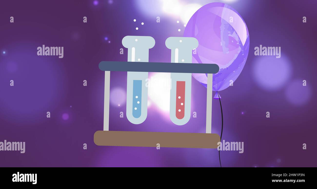Abbildung von Symbolen der Reagenzglas über Ballons auf violettem Hintergrund Stockfoto