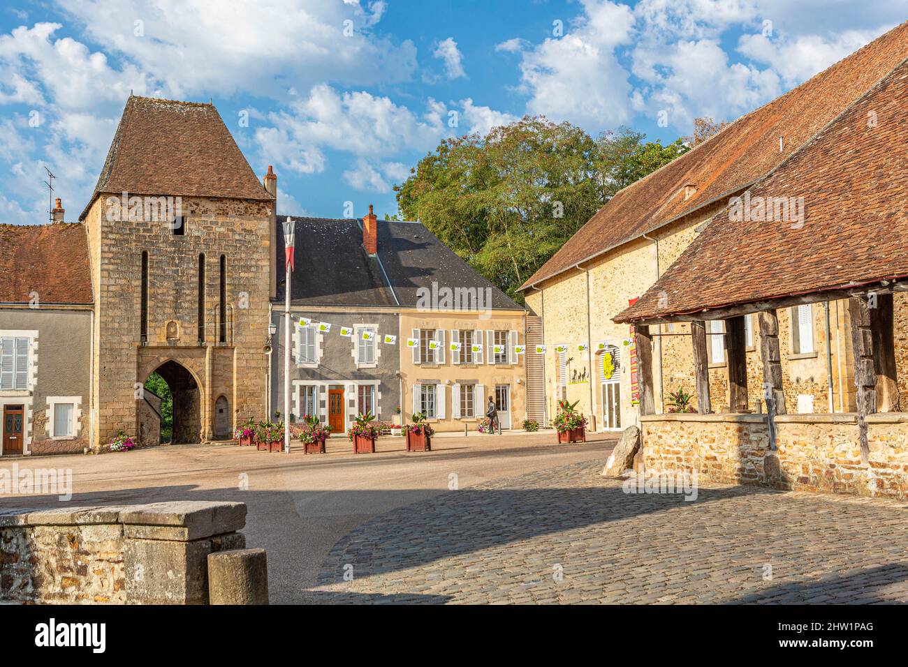 Frankreich, Indre, Sainte Severe sur Indre, Marche Square, Hall und Elemente erinnern an den Film Jour de Fete (der große Tag) von Jacques Tati Stockfoto