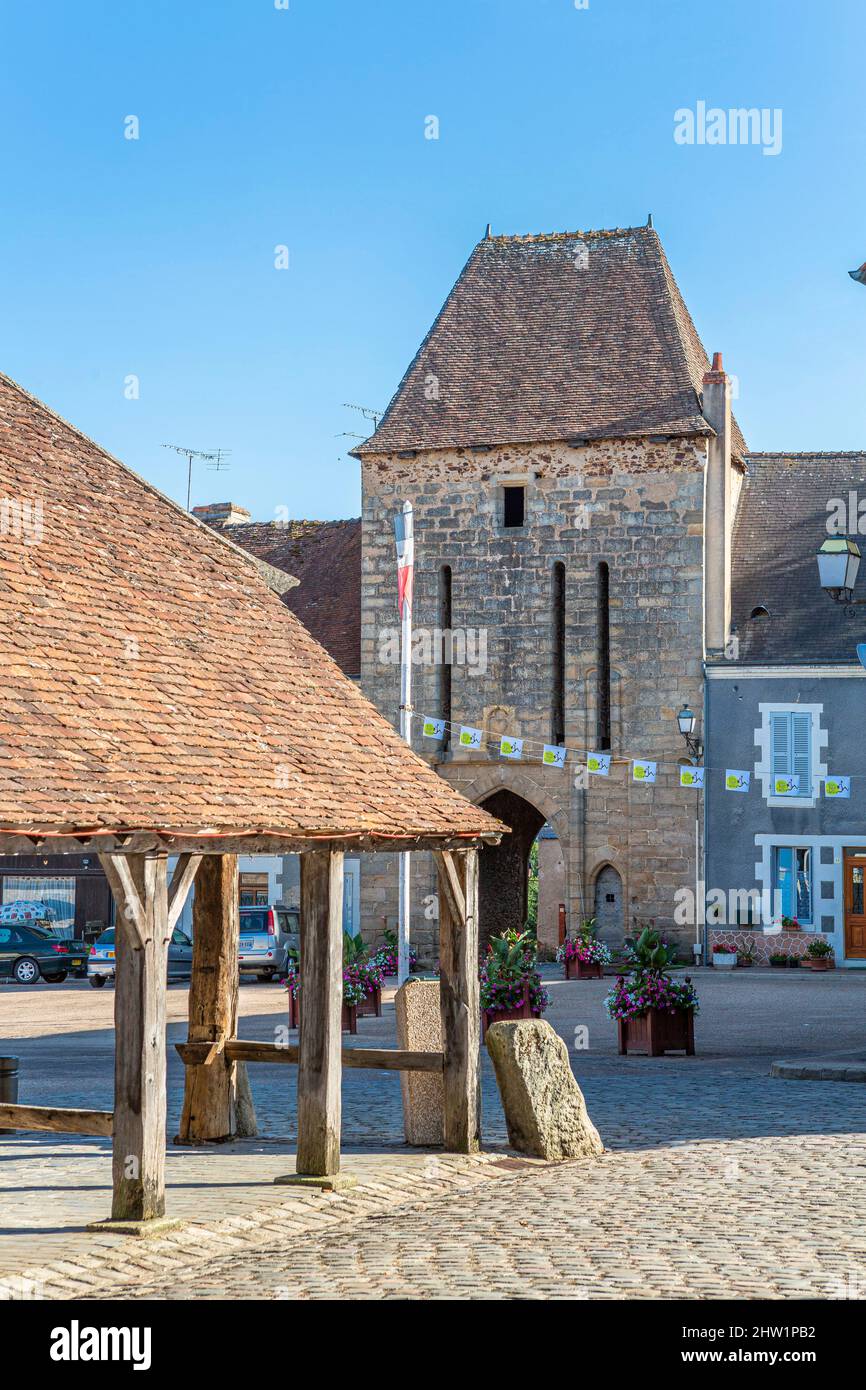 Frankreich, Indre, Sainte Severe sur Indre, Marche Square, Hall und Elemente erinnern an den Film Jour de Fete (der große Tag) von Jacques Tati Stockfoto