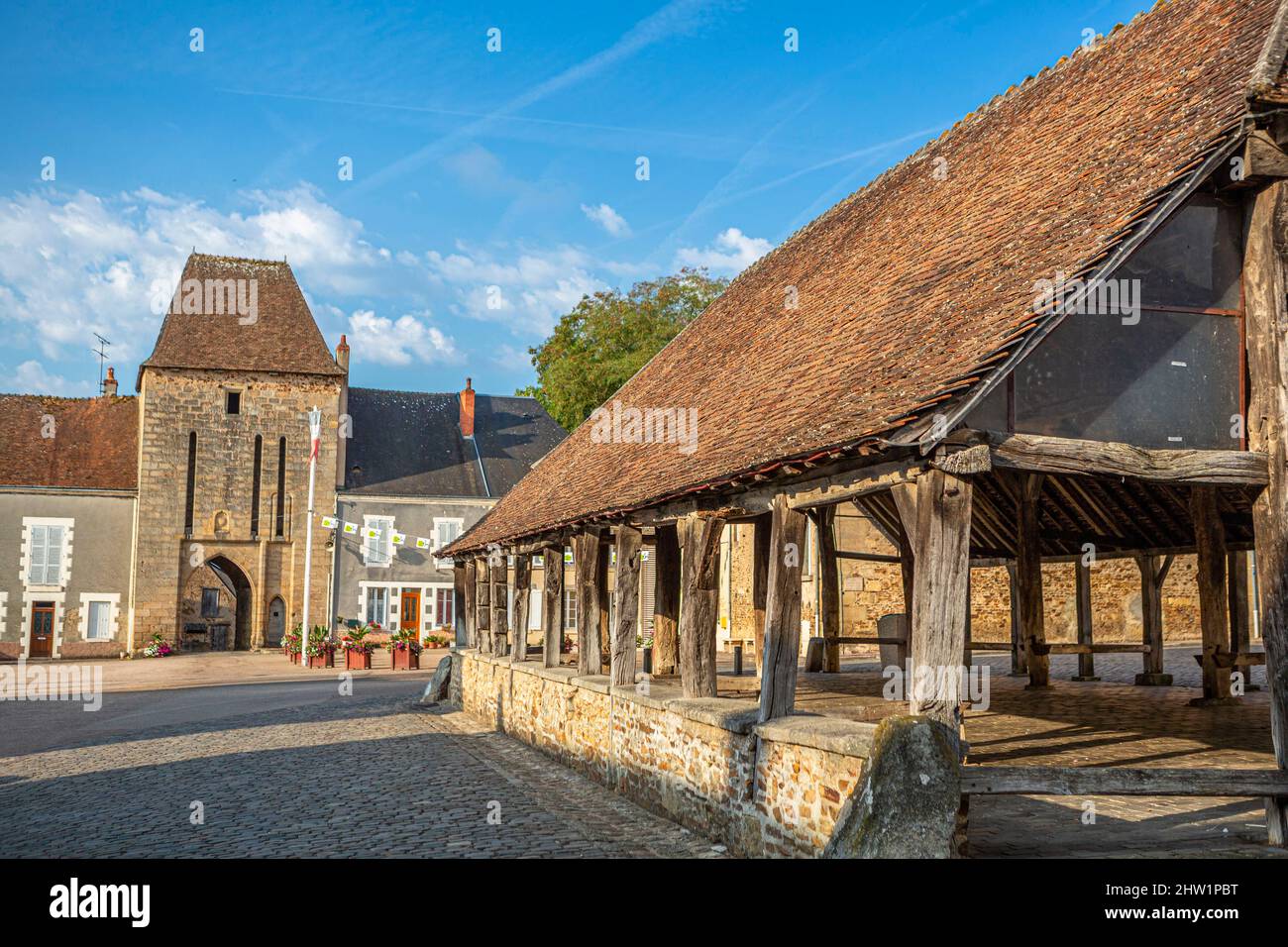 Frankreich, Indre, Sainte Severe sur Indre, Marche Square, Hall und Elemente erinnern an den Film Jour de Fete (der große Tag) von Jacques Tati Stockfoto