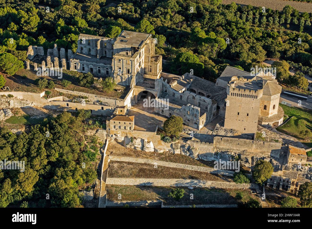 Frankreich, Bouches du Rhone, Arles, Abtei Saint Pierre de Montmajour (zwischen XI und XVIII Jahrhundert), als historisches Monument gelistet (Luftaufnahme) Stockfoto