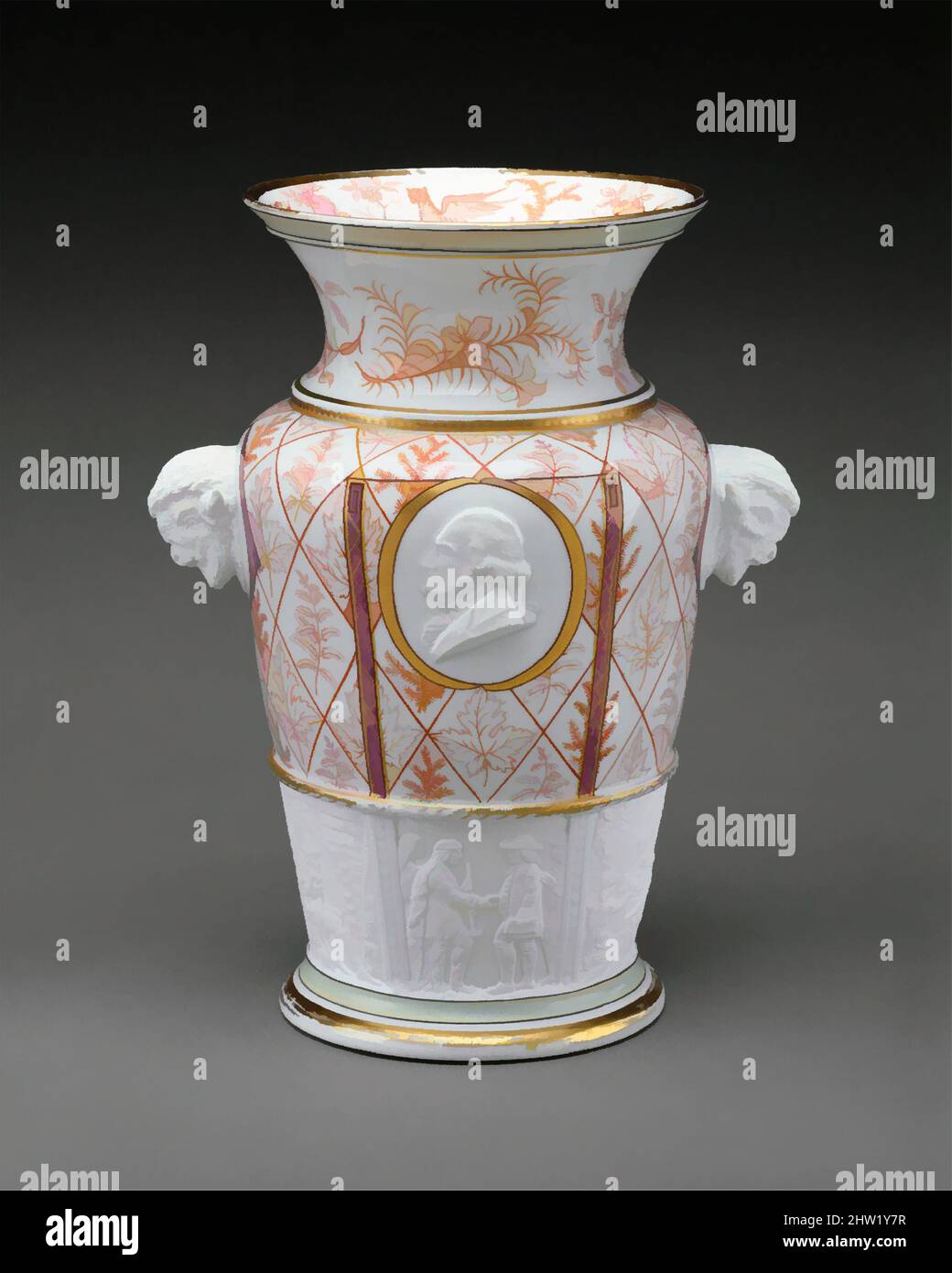 Century Vase, ca. 1876, hergestellt in Brooklyn, New York, USA, Porzellan, H. 12 3/4 Zoll (32,4 cm), Keramik, nationalistische Motive schmücken dieses Vasen-Paar, das der Bildhauer Karl Müller zu Ehren der amerikanischen Jahrhundertfeier 1876 entworfen hat. Indianische Pflanzen schmücken den Körper und nordamerikanische Bisons dienen als Griffe Stockfoto