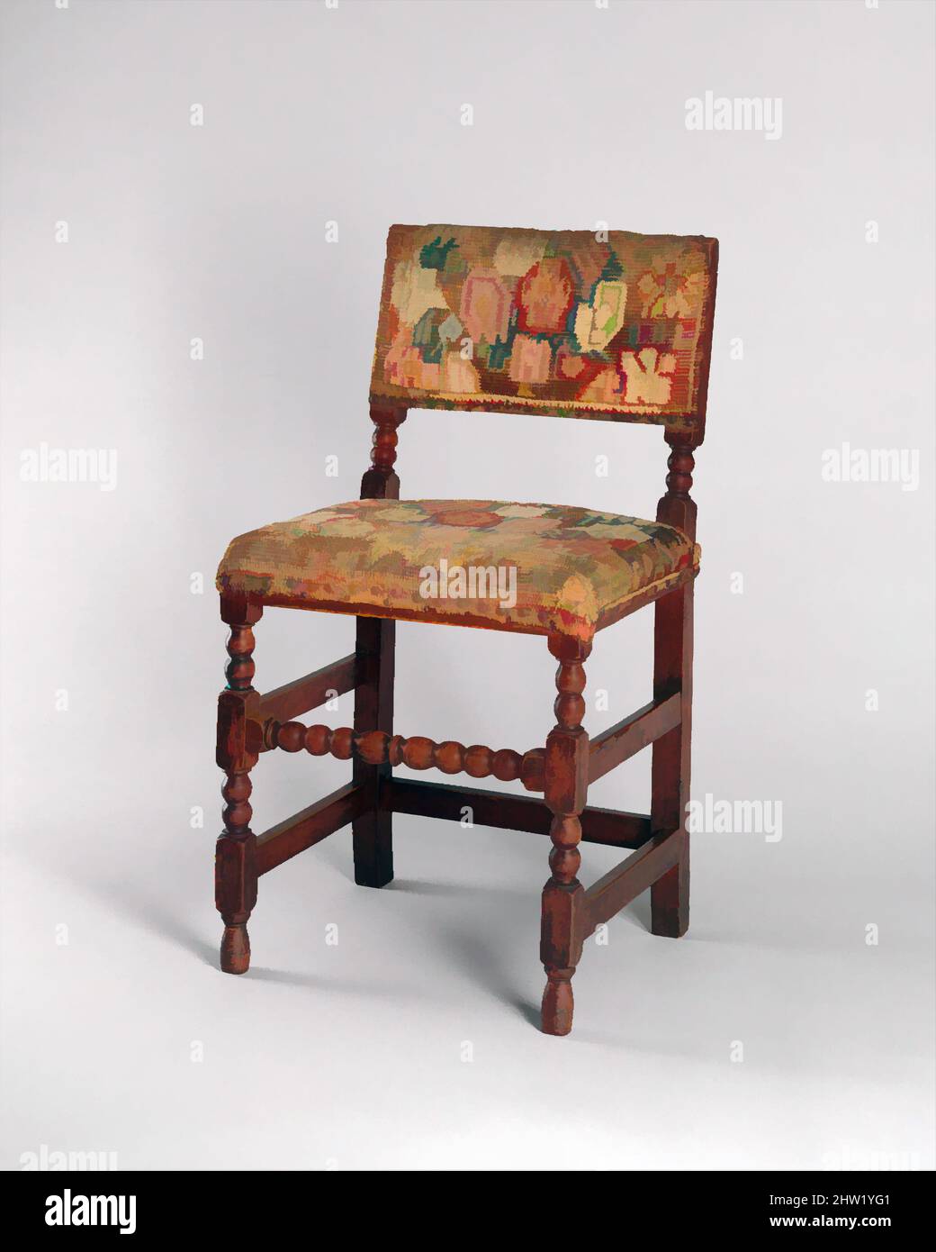 Art Inspired by Side Chair, 1660–90, wahrscheinlich hergestellt in Boston, Massachusetts, USA, American, Maple, Eiche, 37 x 20 1/2 x 17 1/2 Zoll (94 x 52,1 x 44,5 cm), Möbel, die große Seltenheit dieses Stuhls liegt in der originalen Putenarbeit aus Wolle, die Sitz und Rücken bedeckt. „Turkey-Work, Classic Works modernisiert von Artotop mit einem Schuss Moderne. Formen, Farbe und Wert, auffällige visuelle Wirkung auf Kunst. Emotionen durch Freiheit von Kunstwerken auf zeitgemäße Weise. Eine zeitlose Botschaft, die eine wild kreative neue Richtung verfolgt. Künstler, die sich dem digitalen Medium zuwenden und die Artotop NFT erschaffen Stockfoto