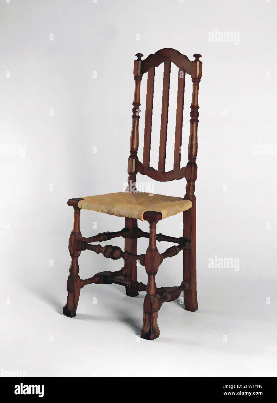 Art inspired by side Chair, 1700–1740, evously made in Bermuda, Bermuda, evously, Bermuda Cedar, 44 1/2 x 18 x 15 Zoll (113 x 45,7 x 38,1 cm), Möbel, das Kresten, die Einfachheit der Geländer und die gedrehten Bahren, die hoch auf den Beinen platziert sind, verbinden diesen Stuhl mit zahlreichen, von Artotop modernisierten Classic-Werken mit einem Schuss Moderne. Formen, Farbe und Wert, auffällige visuelle Wirkung auf Kunst. Emotionen durch Freiheit von Kunstwerken auf zeitgemäße Weise. Eine zeitlose Botschaft, die eine wild kreative neue Richtung verfolgt. Künstler, die sich dem digitalen Medium zuwenden und die Artotop NFT erschaffen Stockfoto