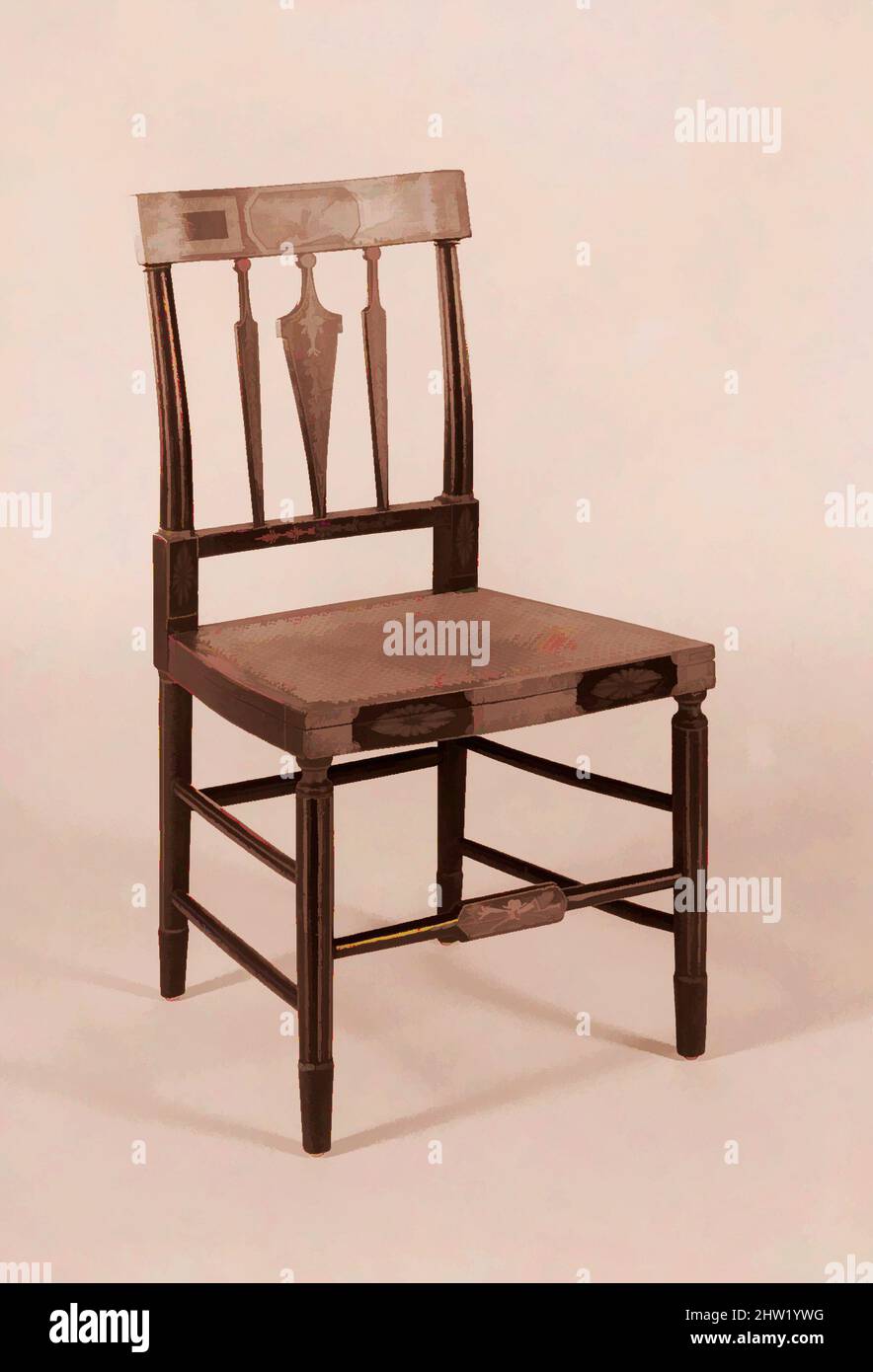 Kunst inspiriert von Side Chair, 1800–1810, hergestellt in Baltimore, Maryland, USA, Amerikaner, Mahagoni, Ahorn, Tulpenpappel, Stock, Möbel, Hugh Finlay (aktiv ca. 1800–37), John Finlay (aktiv ca. 1799–1833, von Artotop modernisierte klassische Werke mit einem Schuss Moderne. Formen, Farbe und Wert, auffällige visuelle Wirkung auf Kunst. Emotionen durch Freiheit von Kunstwerken auf zeitgemäße Weise. Eine zeitlose Botschaft, die eine wild kreative neue Richtung verfolgt. Künstler, die sich dem digitalen Medium zuwenden und die Artotop NFT erschaffen Stockfoto