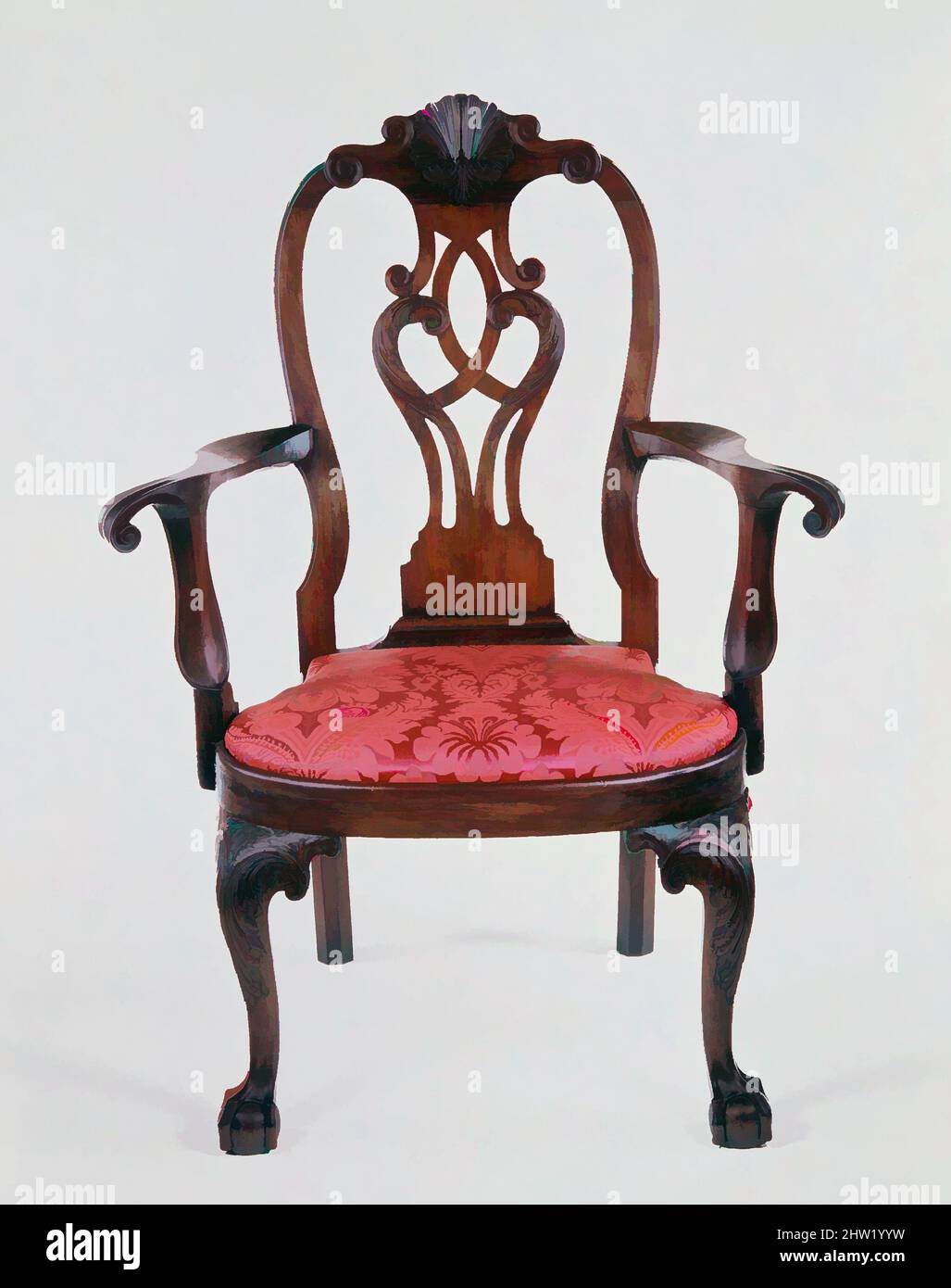 Kunst inspiriert von Sessel, ca. 1755, hergestellt in Philadelphia, Pennsylvania, USA, Mahagoni, 44 x 33 1/4 x 21 1/2 Zoll (111,8 x 84,5 x 54,6 cm), Möbel, dieser Sessel ist deutlich größer als die meisten Made in dieser Zeit und strahlt eine selbstbewusste monumentale Qualität aus. Es wurde gemacht, Classic Works modernisiert von Artotop mit einem Schuss Moderne. Formen, Farbe und Wert, auffällige visuelle Wirkung auf Kunst. Emotionen durch Freiheit von Kunstwerken auf zeitgemäße Weise. Eine zeitlose Botschaft, die eine wild kreative neue Richtung verfolgt. Künstler, die sich dem digitalen Medium zuwenden und die Artotop NFT erschaffen Stockfoto