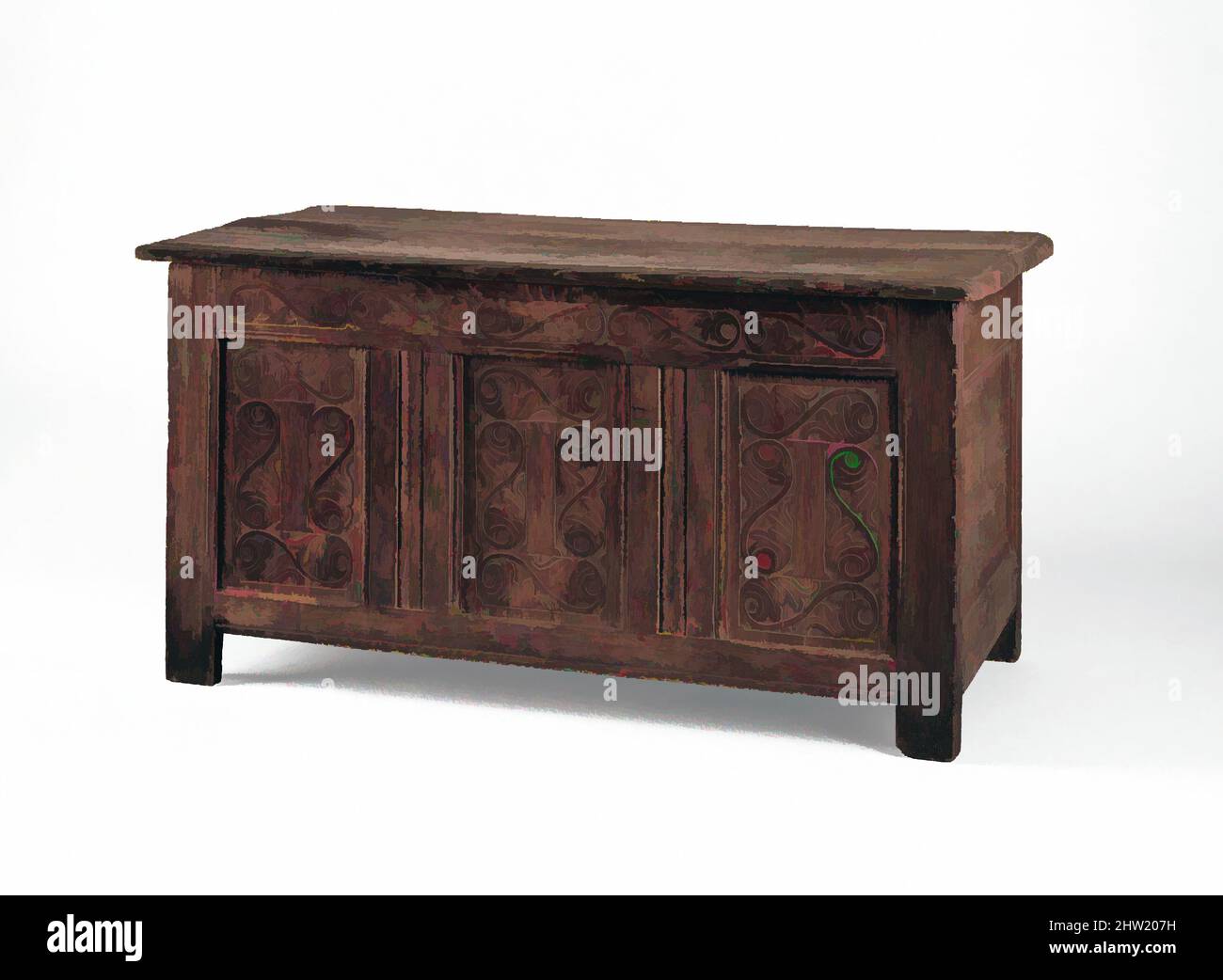 Von Chest inspirierte Kunst, 1650–1700, wahrscheinlich in Guilford, Connecticut, USA, American, Oak, Kastanie, 30 x 49 Zoll (76,2 x 124,5 cm), Möbel, Classic Works modernisiert von Artotop mit einem Schuss Moderne. Formen, Farbe und Wert, auffällige visuelle Wirkung auf Kunst. Emotionen durch Freiheit von Kunstwerken auf zeitgemäße Weise. Eine zeitlose Botschaft, die eine wild kreative neue Richtung verfolgt. Künstler, die sich dem digitalen Medium zuwenden und die Artotop NFT erschaffen Stockfoto