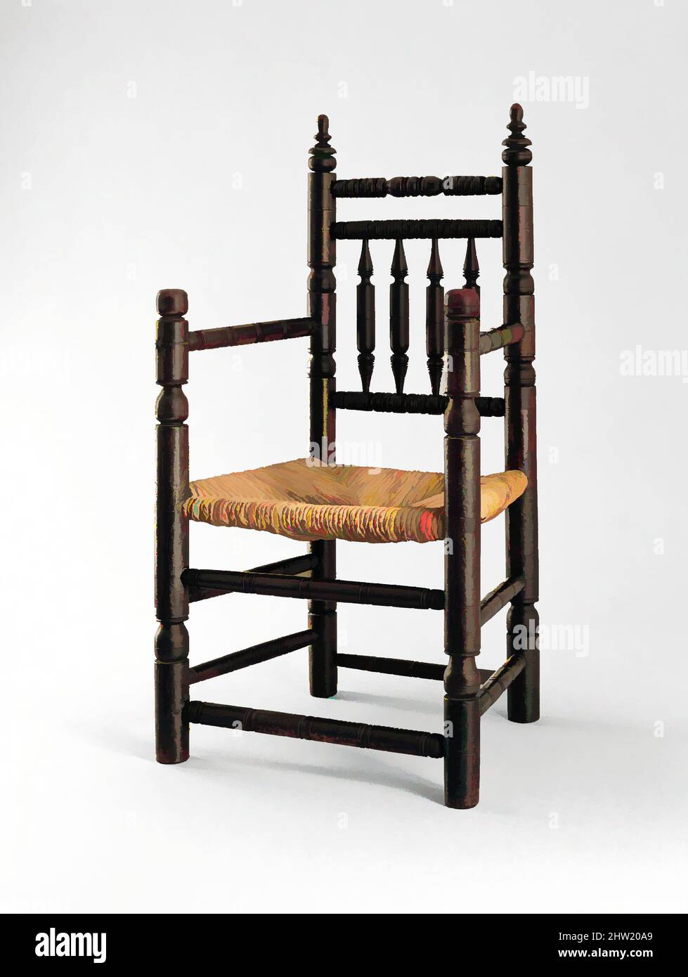 Kunst inspiriert von Spindellehnstuhl, 1660–1700, Made in New England, USA, Amerikaner, Ahorn, weicher Ahorn, Esche, 41 3/4 x 23 x 18 Zoll (106 x 58,4 x 45,7 cm), Möbel, Stühle dieses Typs aus dem 17. Jahrhundert wurden von Drehern hergestellt. Die Komponenten des Stuhls wurden schnell modernisiert, Classic Works von Artotop mit einem Schuss Moderne. Formen, Farbe und Wert, auffällige visuelle Wirkung auf Kunst. Emotionen durch Freiheit von Kunstwerken auf zeitgemäße Weise. Eine zeitlose Botschaft, die eine wild kreative neue Richtung verfolgt. Künstler, die sich dem digitalen Medium zuwenden und die Artotop NFT erschaffen Stockfoto