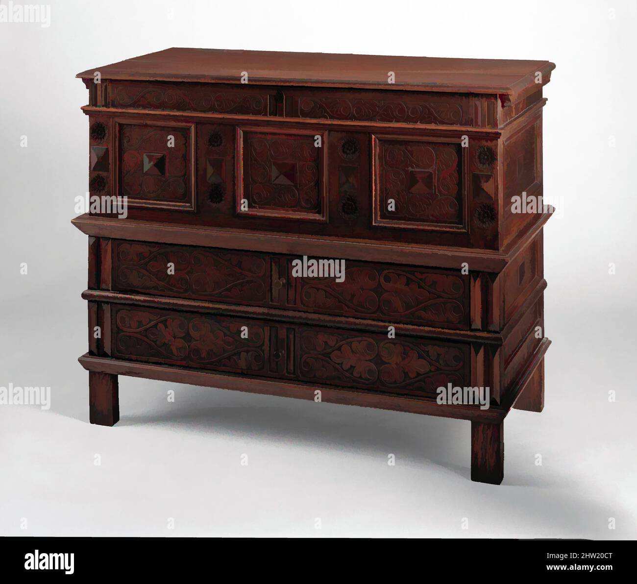 Von Chest inspirierte Kunst, 1650–1700, hergestellt in Connecticut, USA, Eiche, Kastanie, 40 x 50 1/4 x 23 Zoll (101,6 x 127,6 x 58,4 cm), Möbel, Classic Works modernisiert von Artotop mit einem Schuss Moderne. Formen, Farbe und Wert, auffällige visuelle Wirkung auf Kunst. Emotionen durch Freiheit von Kunstwerken auf zeitgemäße Weise. Eine zeitlose Botschaft, die eine wild kreative neue Richtung verfolgt. Künstler, die sich dem digitalen Medium zuwenden und die Artotop NFT erschaffen Stockfoto