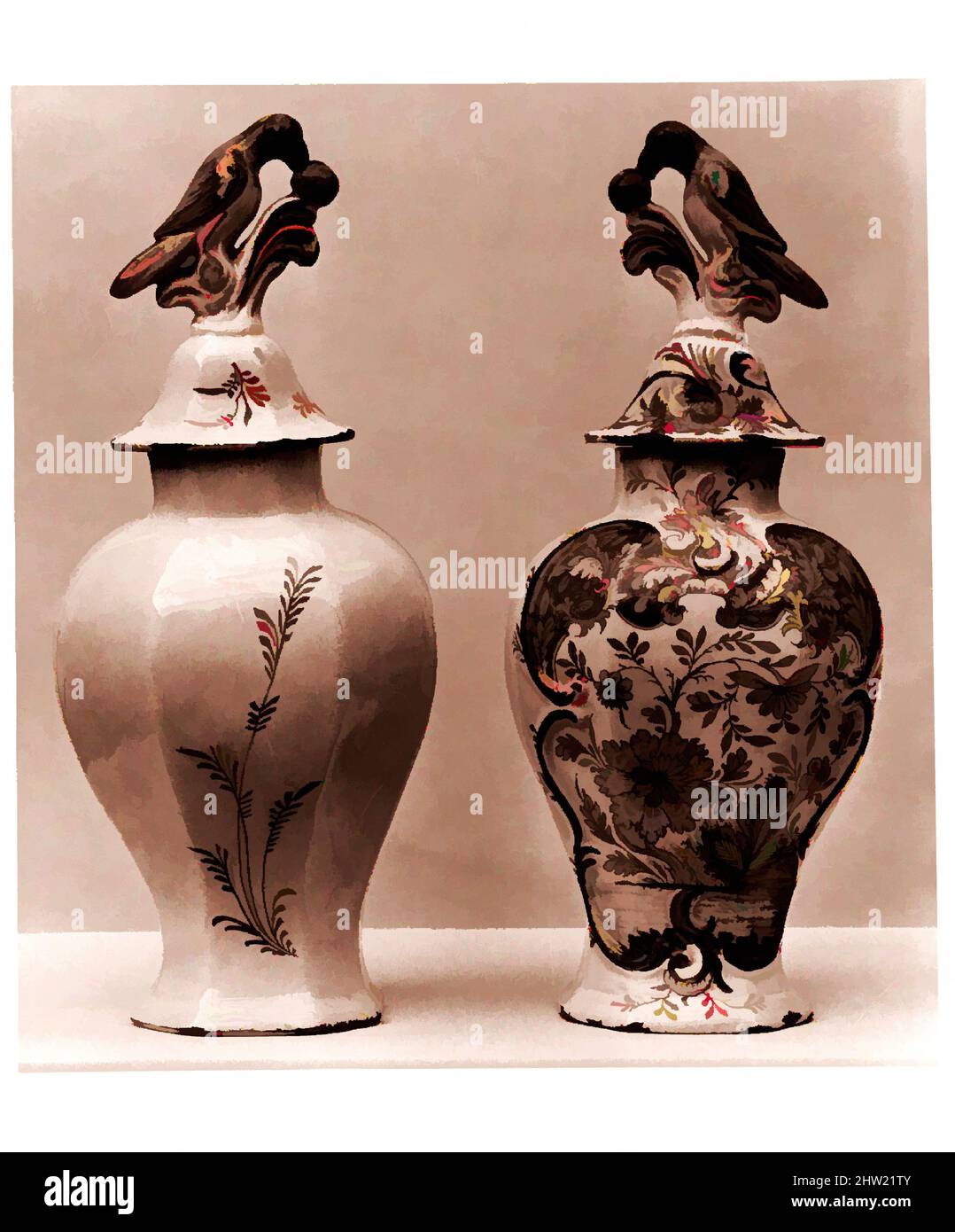 Kunst inspiriert von Covered Jar, 1739–75, hergestellt in Delft, Südholland, Niederlande, Niederländisch, Steingut, H. 15 1/2 Zoll (39,4 cm), Keramik, Klassisches von Artotop modernisiertes Werk mit einem Schuss Moderne. Formen, Farbe und Wert, auffällige visuelle Wirkung auf Kunst. Emotionen durch Freiheit von Kunstwerken auf zeitgemäße Weise. Eine zeitlose Botschaft, die eine wild kreative neue Richtung verfolgt. Künstler, die sich dem digitalen Medium zuwenden und die Artotop NFT erschaffen Stockfoto