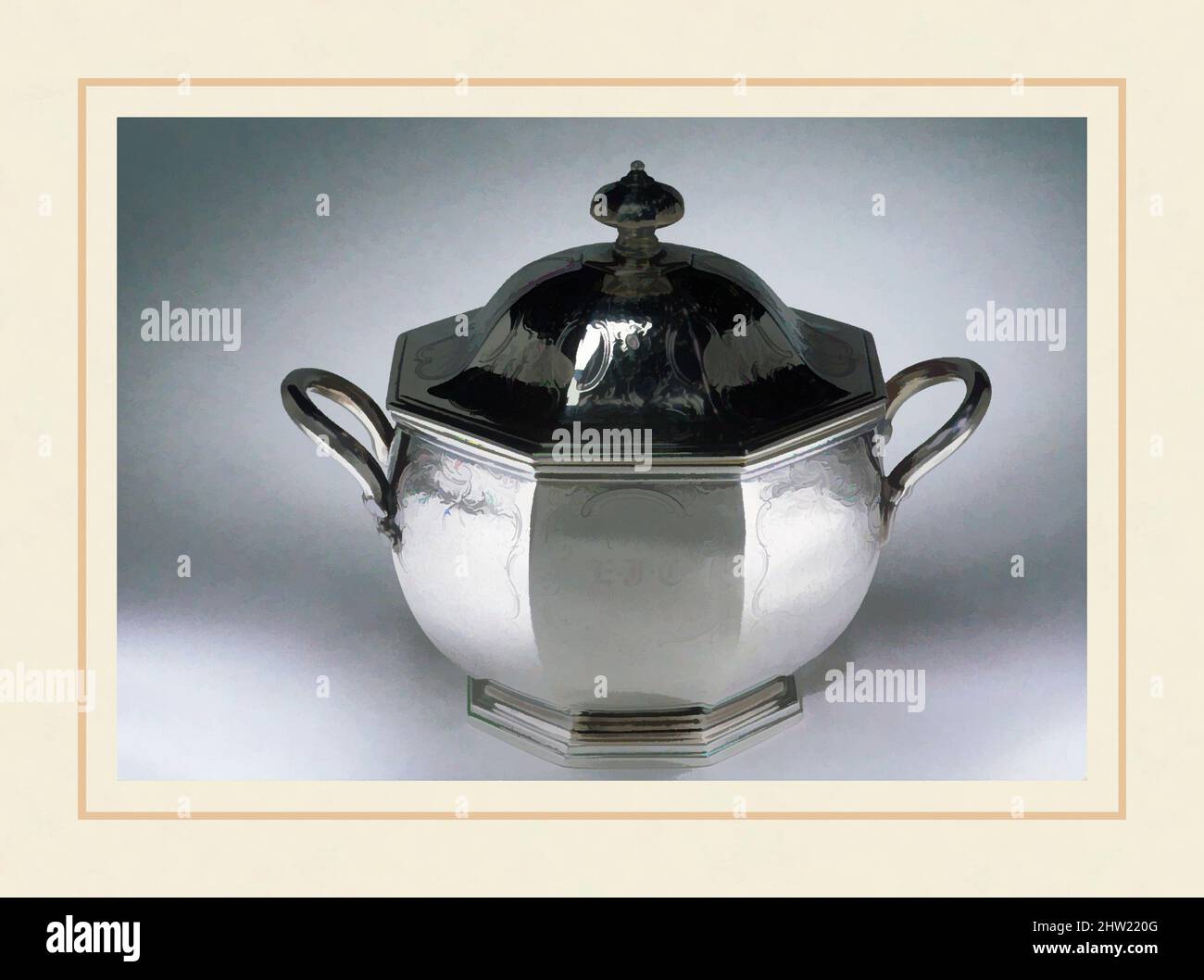 Art inspired by Sugar Bowl, 1835–40, made in New York, USA, American, Silver, Overall: 5 9/16 x 7 x 4 15/16 Zoll (14,1 x 17,8 x 12,5 cm); 20 oz. 18 dwt. (650,2 g), Silver, William Forbes (getauft 1799, aktiv New York, 1826–63, Klassisches Werk modernisiert von Artotop mit einem Schuss Moderne. Formen, Farbe und Wert, auffällige visuelle Wirkung auf Kunst. Emotionen durch Freiheit von Kunstwerken auf zeitgemäße Weise. Eine zeitlose Botschaft, die eine wild kreative neue Richtung verfolgt. Künstler, die sich dem digitalen Medium zuwenden und die Artotop NFT erschaffen Stockfoto