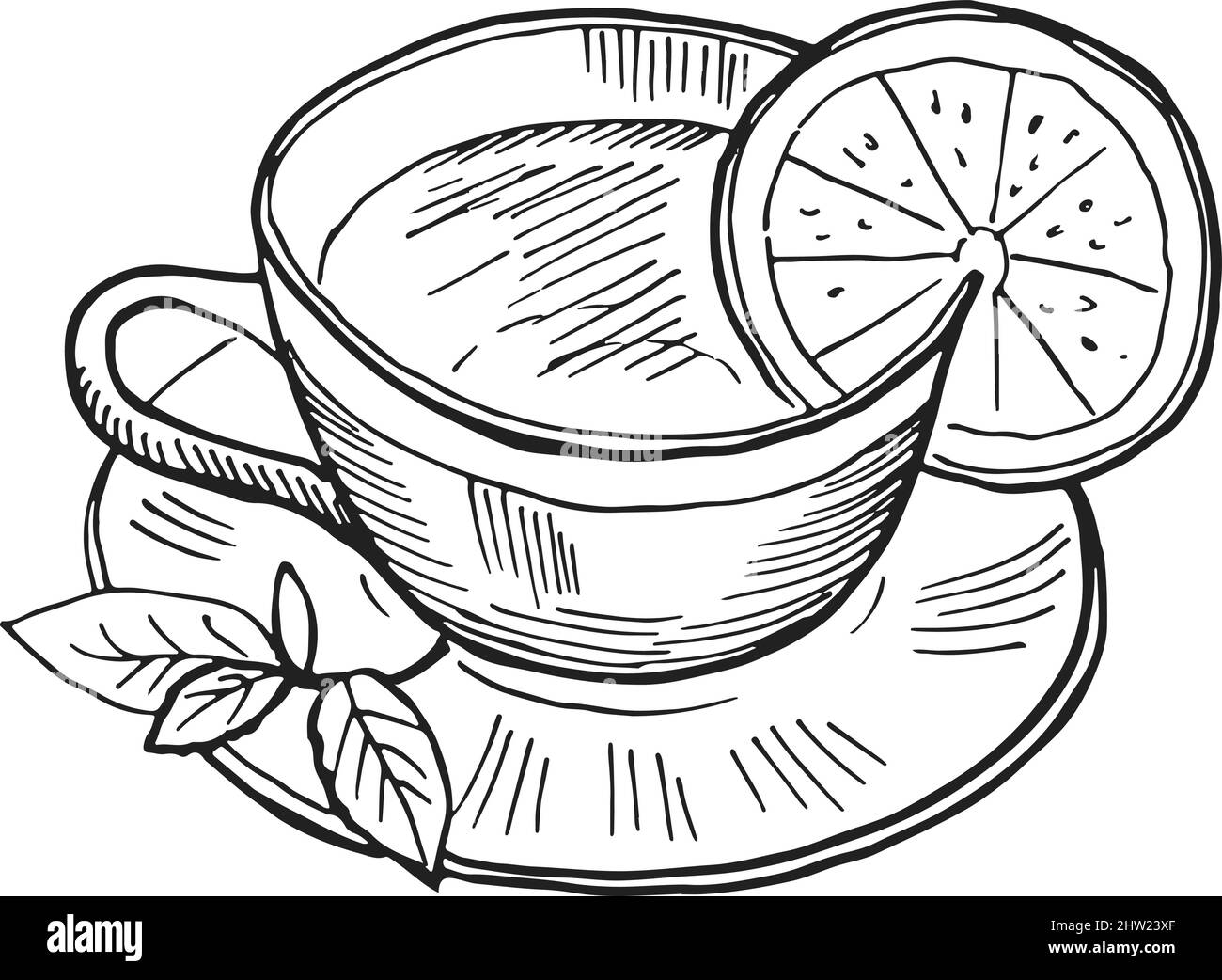 Heiße Tasse Tee mit einer Scheibe Zitrone und Minze auf der Untertasse Stock Vektor