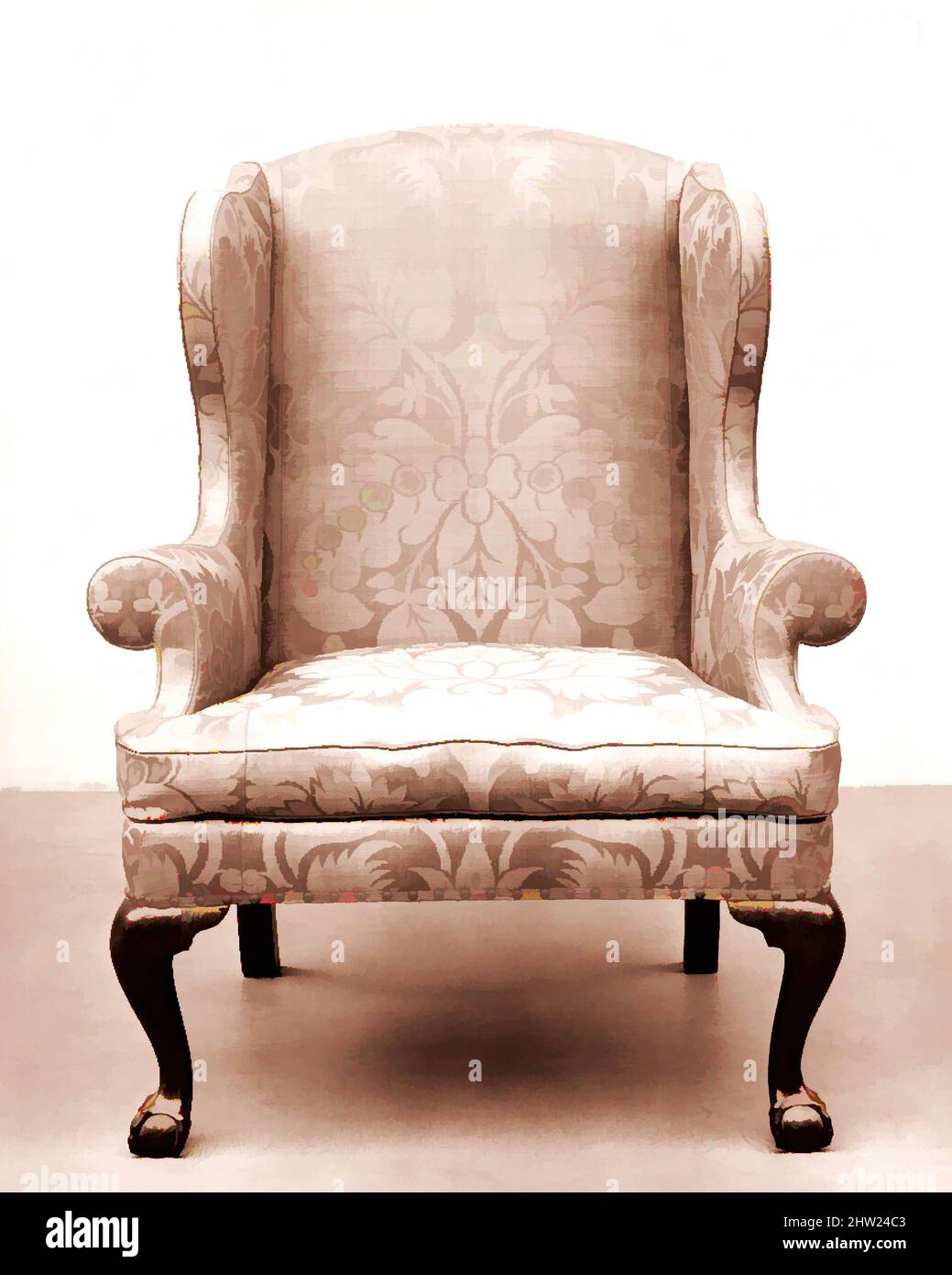 Art Inspired by Easy Chair, 1755–90, Made in New York, New York, USA, American, Walnut, Weiße Eiche, weiße Kiefer, Tulpenpappel, 44 1/8 x 34 1/2 x 26 3/8 Zoll (112,1 x 87,6 x 67 cm), Möbel, ein Sessel war das Produkt von zwei verschiedenen Handwerkern. Der Stuhlhersteller baute die von Artotop modernisierten, klassischen Werke mit einem Schuss Modernität. Formen, Farbe und Wert, auffällige visuelle Wirkung auf Kunst. Emotionen durch Freiheit von Kunstwerken auf zeitgemäße Weise. Eine zeitlose Botschaft, die eine wild kreative neue Richtung verfolgt. Künstler, die sich dem digitalen Medium zuwenden und die Artotop NFT erschaffen Stockfoto