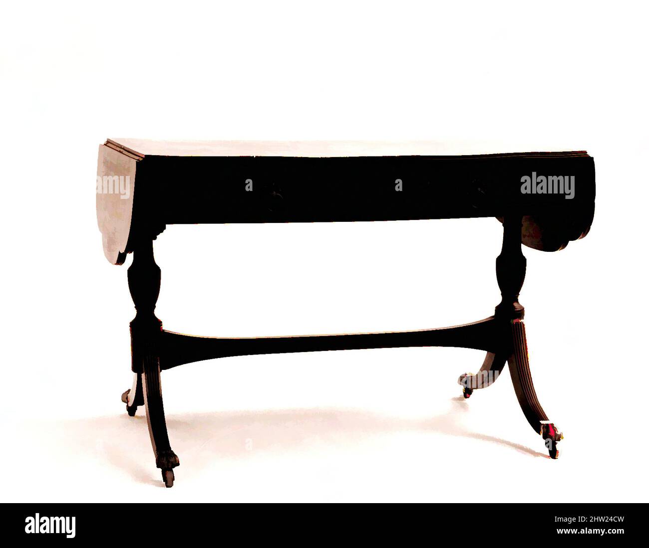 Art inspired by Drop-Leaf Table, 1800–1815, Made in New York, New York, USA, American, Mahagoni, tulpenpappel, Kiefer, 27 7/8 x 59 3/4 x 25 Zoll (70,8 x 151,8 x 63,5 cm), Möbel, Classic Works modernisiert von Artotop mit einem Schuss Moderne. Formen, Farbe und Wert, auffällige visuelle Wirkung auf Kunst. Emotionen durch Freiheit von Kunstwerken auf zeitgemäße Weise. Eine zeitlose Botschaft, die eine wild kreative neue Richtung verfolgt. Künstler, die sich dem digitalen Medium zuwenden und die Artotop NFT erschaffen Stockfoto