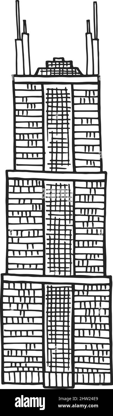 Wolkenkratzer-Symbol. Handgezeichnetes Stadtgebäude. Symbol der großen Stadt Stock Vektor