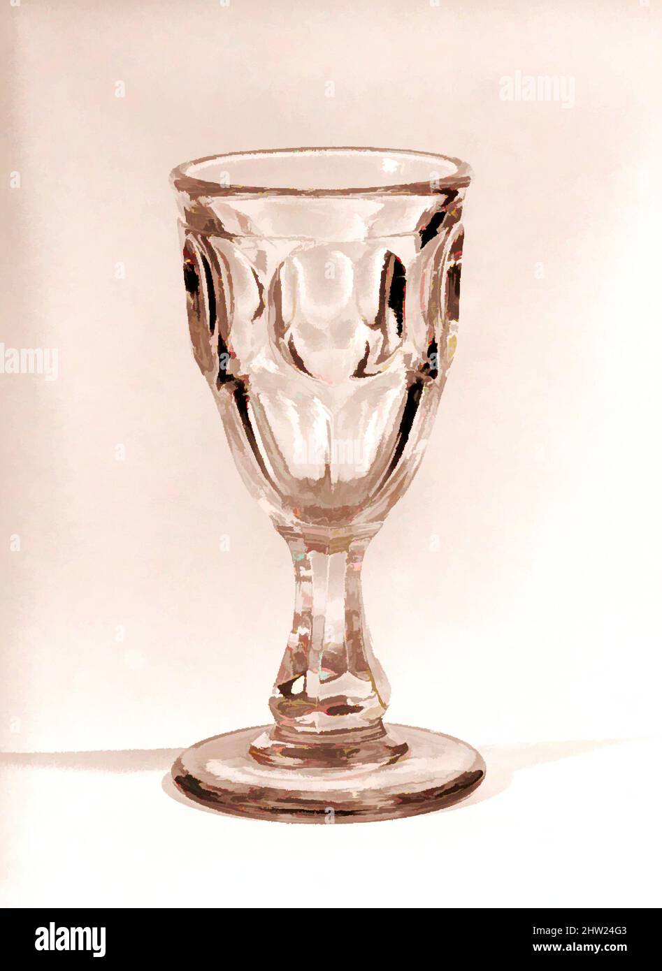 Art inspired by Egg Cup, 1830–70, Made in United States, amerikanisch, Pressglas, H. 3 5/8 Zoll (9,2 cm), Glas, mit der Entwicklung neuer Formeln und Techniken hatte sich die Technologie des Glaspressens Ende 1840s deutlich verbessert. Zu dieser Zeit wurden gepresste Tischdecken produziert, Classic Works von Artotop mit einem Schuss Modernität modernisiert. Formen, Farbe und Wert, auffällige visuelle Wirkung auf Kunst. Emotionen durch Freiheit von Kunstwerken auf zeitgemäße Weise. Eine zeitlose Botschaft, die eine wild kreative neue Richtung verfolgt. Künstler, die sich dem digitalen Medium zuwenden und die Artotop NFT erschaffen Stockfoto