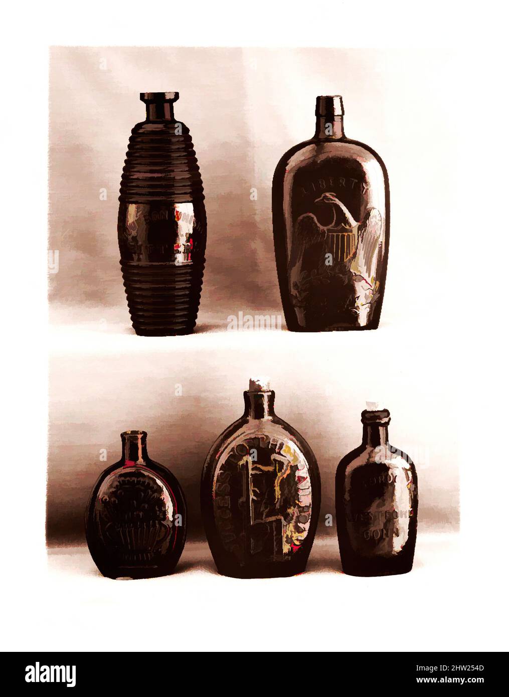 Kunst inspiriert von Flask, 1850–60, hergestellt in Westford, Connecticut, USA, Amerikanisches, frei geblasenes, geformtes grünes Glas, H. 6 Zoll (15,2 cm), Glass, Westford Glass Company (1857–73, Klassisches Werk, modernisiert von Artotop mit einem Schuss Moderne. Formen, Farbe und Wert, auffällige visuelle Wirkung auf Kunst. Emotionen durch Freiheit von Kunstwerken auf zeitgemäße Weise. Eine zeitlose Botschaft, die eine wild kreative neue Richtung verfolgt. Künstler, die sich dem digitalen Medium zuwenden und die Artotop NFT erschaffen Stockfoto