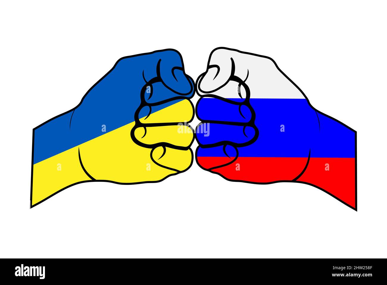 Eine Faust in den Farben der russischen Flagge kollidiert mit einer Faust  in den Farben der ukrainischen Flagge Stock-Vektorgrafik - Alamy