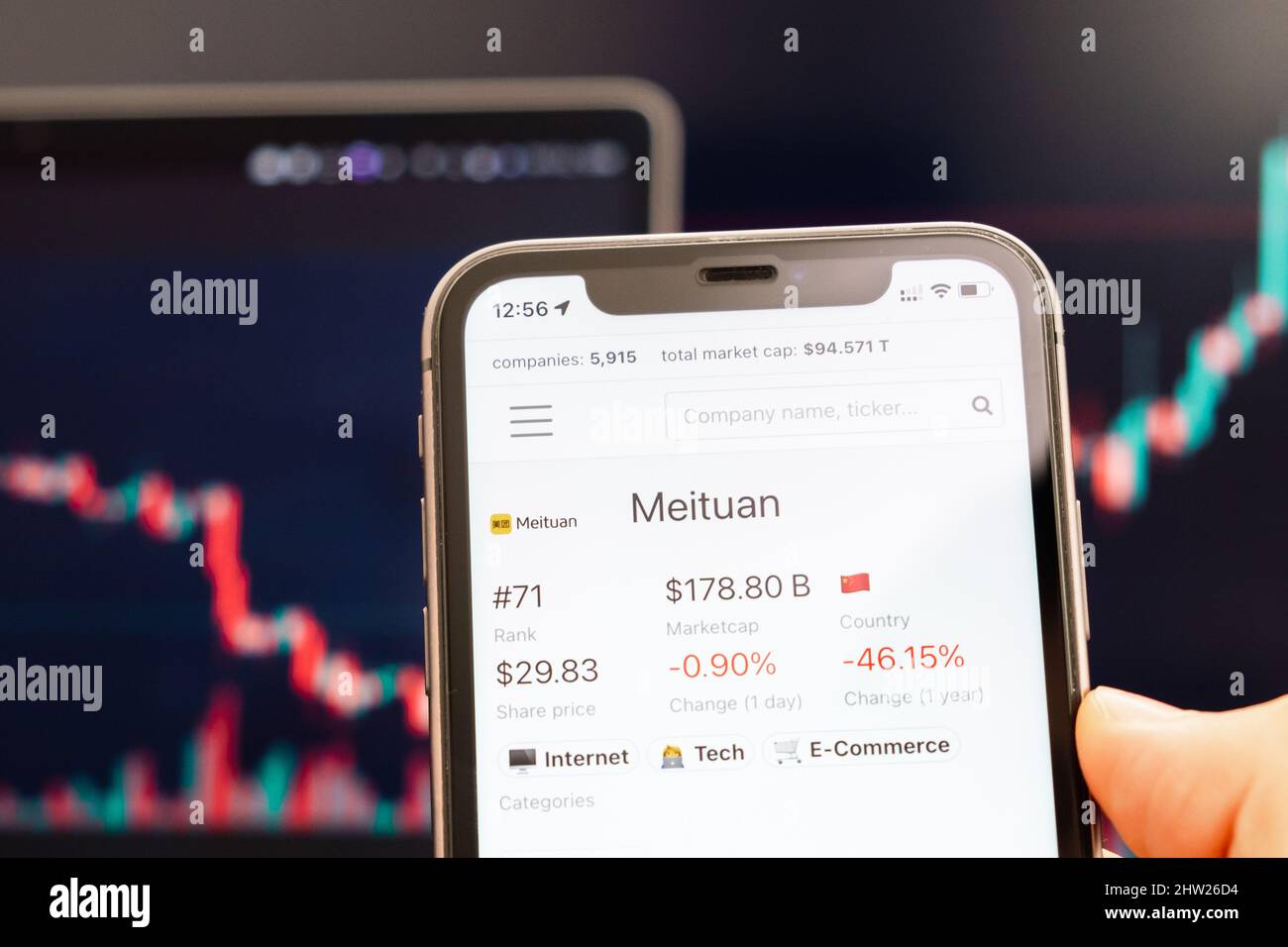 Der Kurs von Meituan auf dem Bildschirm des Mobiltelefons in mans Hand mit wechselnder Börse mit Trading Candlestick Graph Analyse, Februar 2022, San Francisco, USA Stockfoto