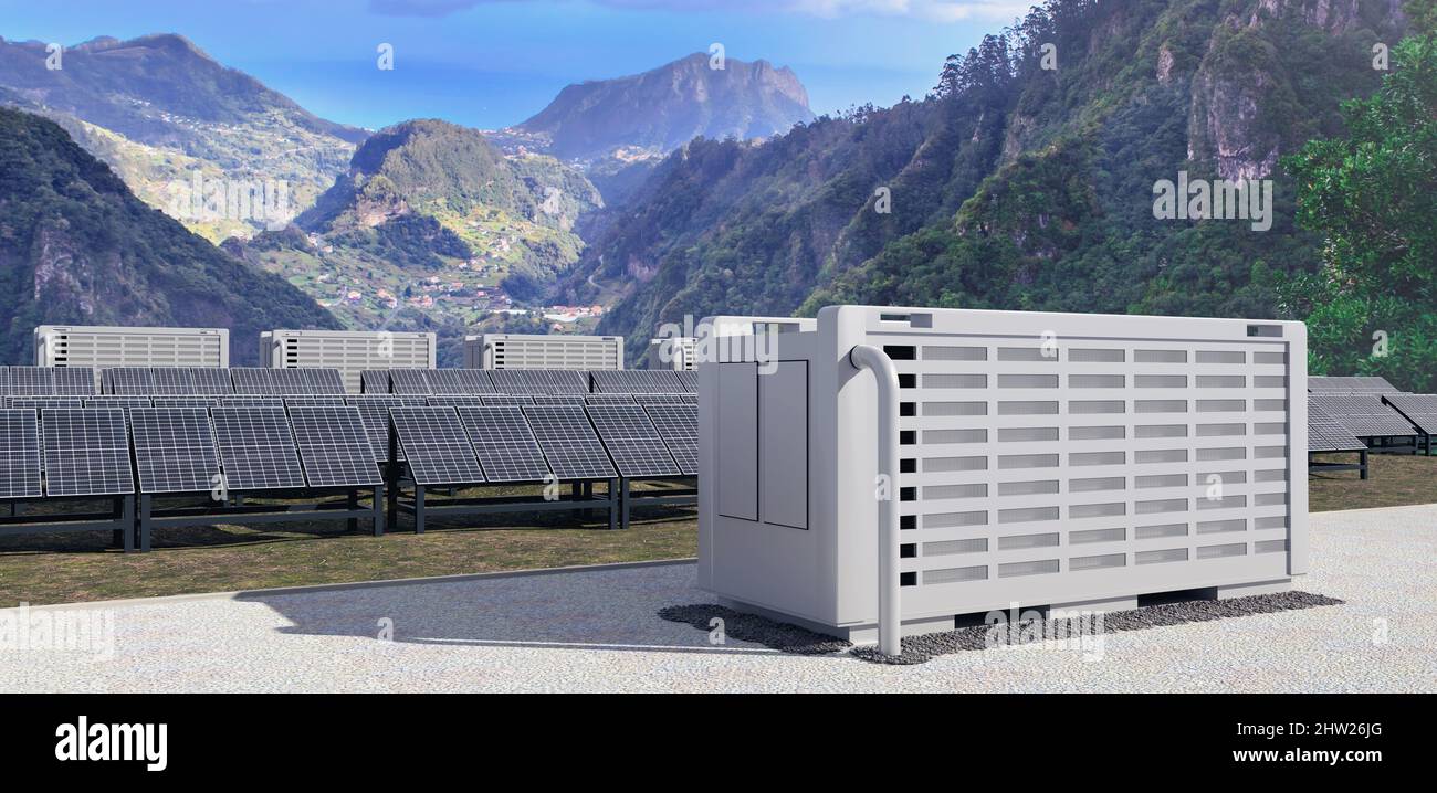 Ein modernes Solarfeld mit Batteriespeicher in der wilden Natur, Abbildung 3D Stockfoto