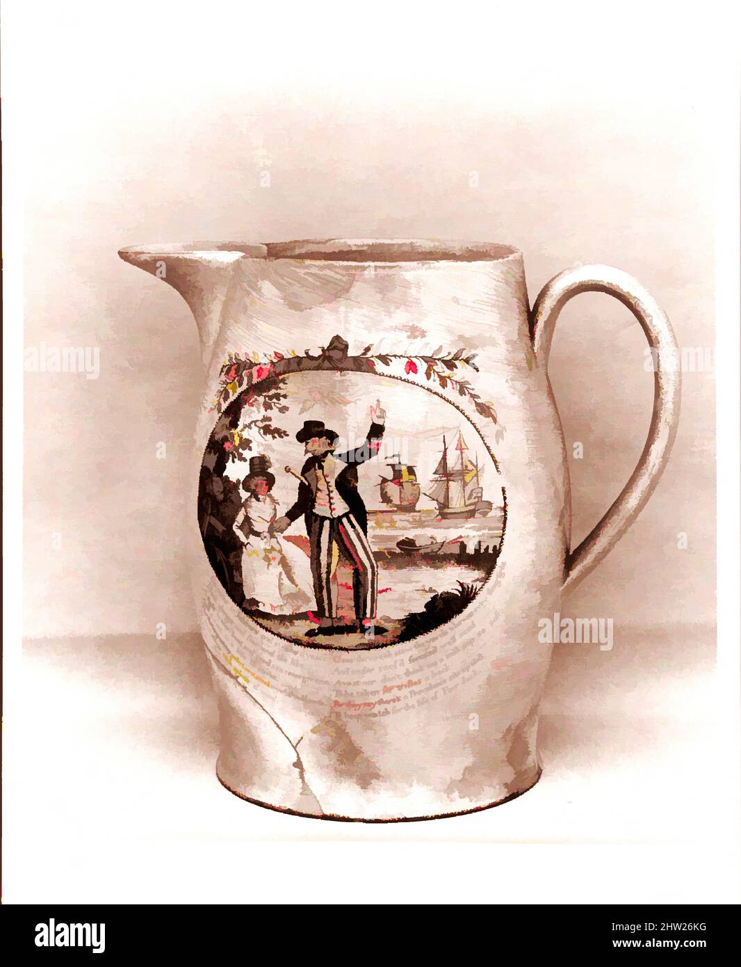 Kunst inspiriert von Jug, 1770–1800, hergestellt in Merseyside, Liverpool, England, Britisch, Steingut, Transferdruck, H. 8 3/8 Zoll (21,3 cm), Keramik, T. Johnson, Classic Works modernisiert von Artotop mit einem Schuss Moderne. Formen, Farbe und Wert, auffällige visuelle Wirkung auf Kunst. Emotionen durch Freiheit von Kunstwerken auf zeitgemäße Weise. Eine zeitlose Botschaft, die eine wild kreative neue Richtung verfolgt. Künstler, die sich dem digitalen Medium zuwenden und die Artotop NFT erschaffen Stockfoto