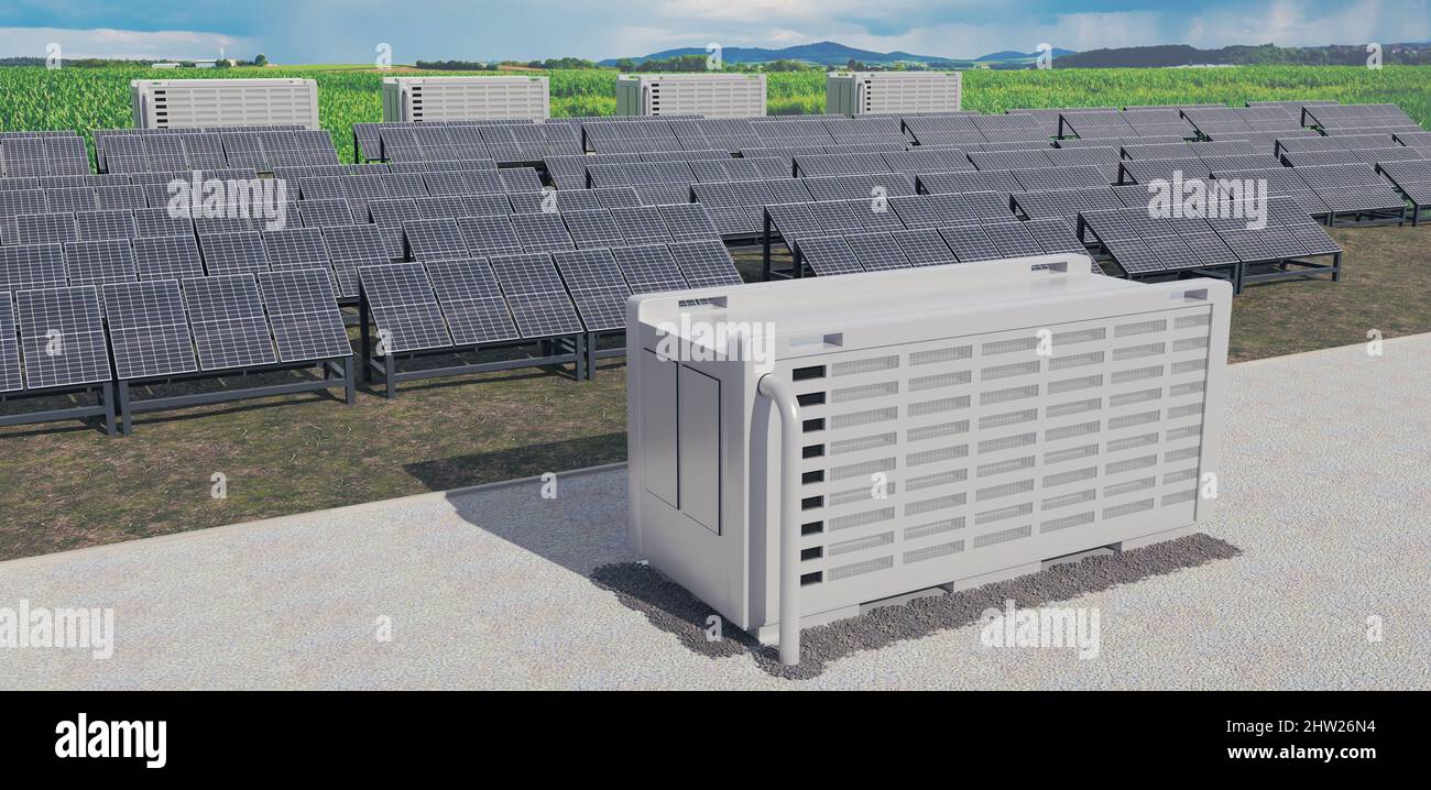 Ein modernes Solarfeld mit Batteriespeicher in der wilden Natur, Abbildung 3D Stockfoto