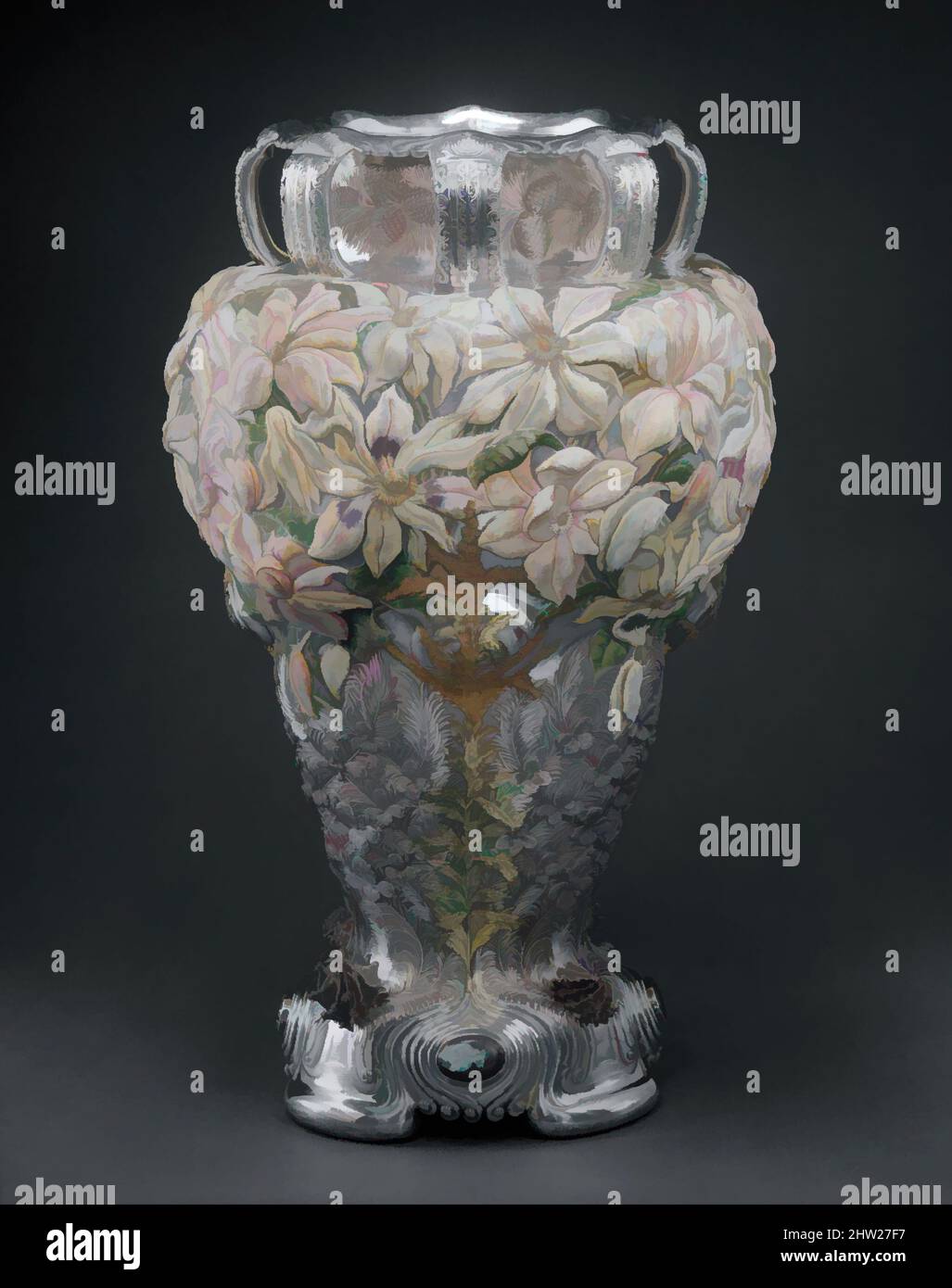 Kunst inspiriert von der Magnolia Vase, ca. 1893, hergestellt in New York, New York, USA, American, Silver, Gold, Emaille, Opale, insgesamt 30 7/8 x 19 1/2 Zoll (78,4 x 49,5 cm); 838 oz. 11 dwt. (26081,6 g), Silver, The Magnolia Vase war Tiffany & Company's prominentester Silberbeitrag bei Classic Works, die von Artotop mit einem Schuss Moderne modernisiert wurden. Formen, Farbe und Wert, auffällige visuelle Wirkung auf Kunst. Emotionen durch Freiheit von Kunstwerken auf zeitgemäße Weise. Eine zeitlose Botschaft, die eine wild kreative neue Richtung verfolgt. Künstler, die sich dem digitalen Medium zuwenden und die Artotop NFT erschaffen Stockfoto