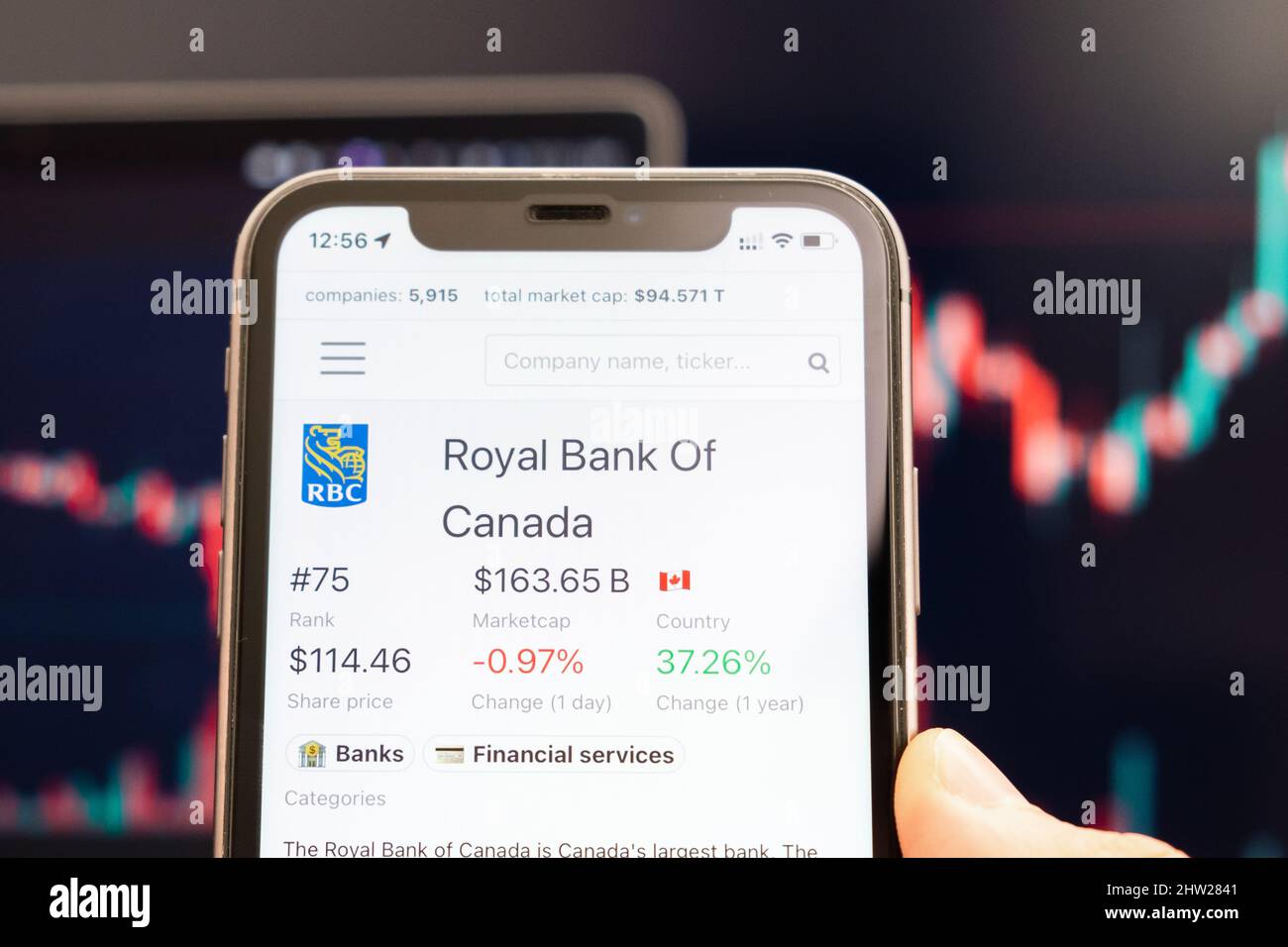 Royal Bank of Canada Aktienkurs auf dem Bildschirm des Mobiltelefons in mans Hand mit wechselnden Börsen mit Trading Candlestick Graph Analyse, Februar 2022, San Francisco, USA Stockfoto