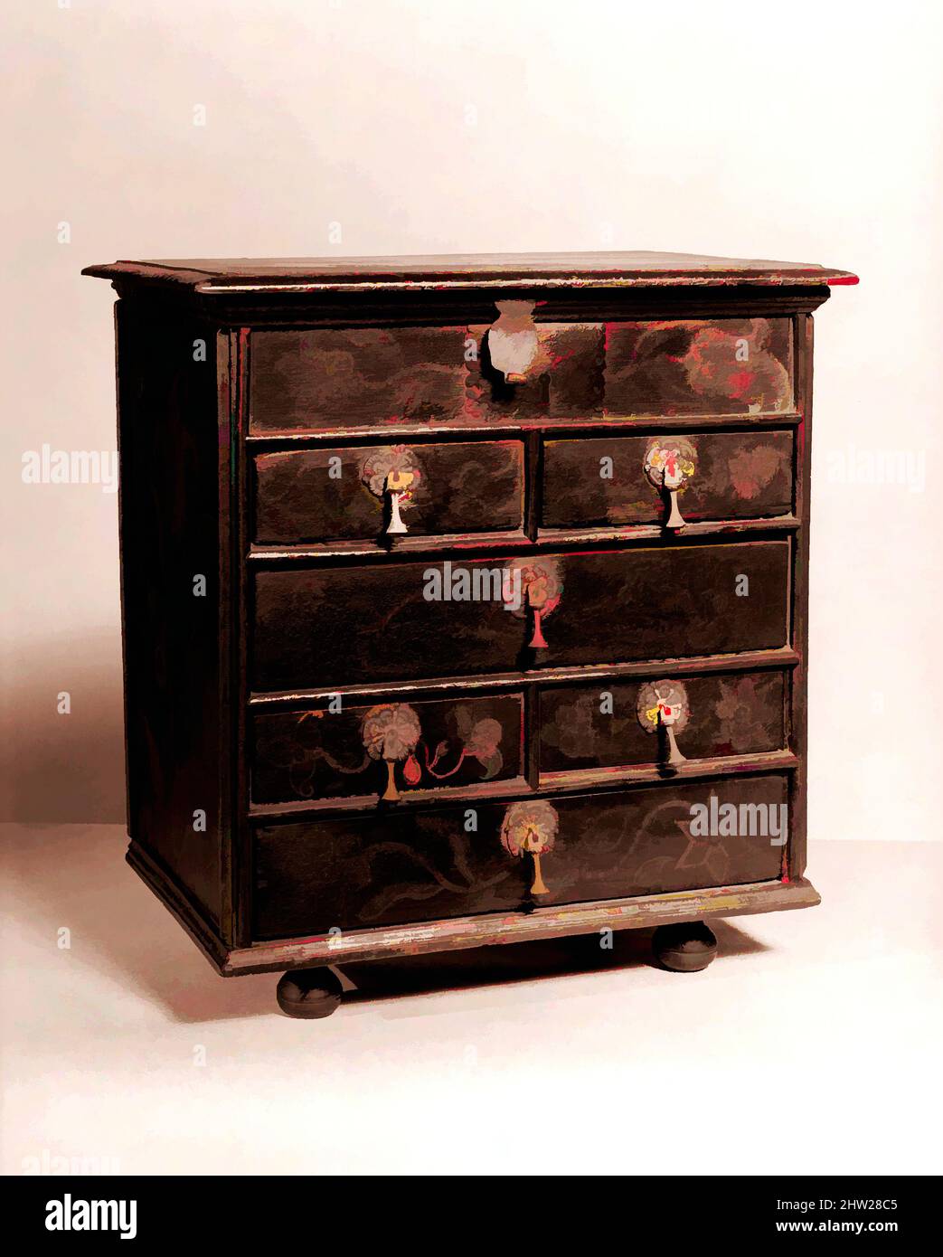 Kunst inspiriert von Trinket Chest, 1715–25, hergestellt in New England, USA, amerikanisch, Kiefer, 16 1/4 x 15 x 10 Zoll (41,3 x 38,1 x 25,4 cm), Möbel, Classic Works modernisiert von Artotop mit einem Schuss Moderne. Formen, Farbe und Wert, auffällige visuelle Wirkung auf Kunst. Emotionen durch Freiheit von Kunstwerken auf zeitgemäße Weise. Eine zeitlose Botschaft, die eine wild kreative neue Richtung verfolgt. Künstler, die sich dem digitalen Medium zuwenden und die Artotop NFT erschaffen Stockfoto