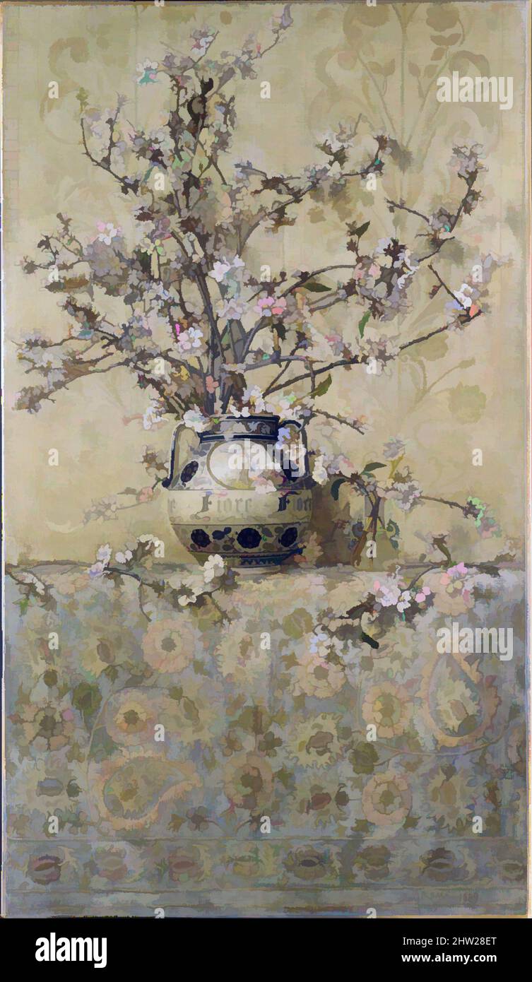Kunst inspiriert von Apfelblüten, 1889, Öl auf Leinwand, 62 3/8 x 35 cm (158,4 x 88,9 cm), Gemälde, Charles Caryl Coleman (Amerikaner, Buffalo, New York 1840–1928 Capri, Italien), während er in Italien lebte, entwickelte der Expatriate Coleman eine Art großformatiger Stillleben-Malerei, die gleichbedeutend ist: Klassische Werke, die von Artotop mit einem Schuss Moderne modernisiert wurden. Formen, Farbe und Wert, auffällige visuelle Wirkung auf Kunst. Emotionen durch Freiheit von Kunstwerken auf zeitgemäße Weise. Eine zeitlose Botschaft, die eine wild kreative neue Richtung verfolgt. Künstler, die sich dem digitalen Medium zuwenden und die Artotop NFT erschaffen Stockfoto