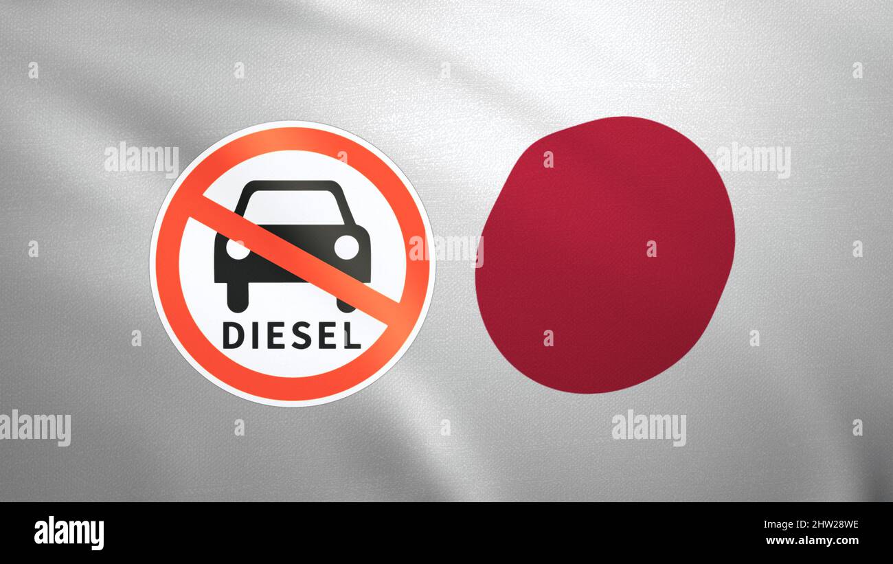 Flagge Japans mit dem Zeichen des Dieselkraftstoffverbots. 3D Abbildung Stockfoto