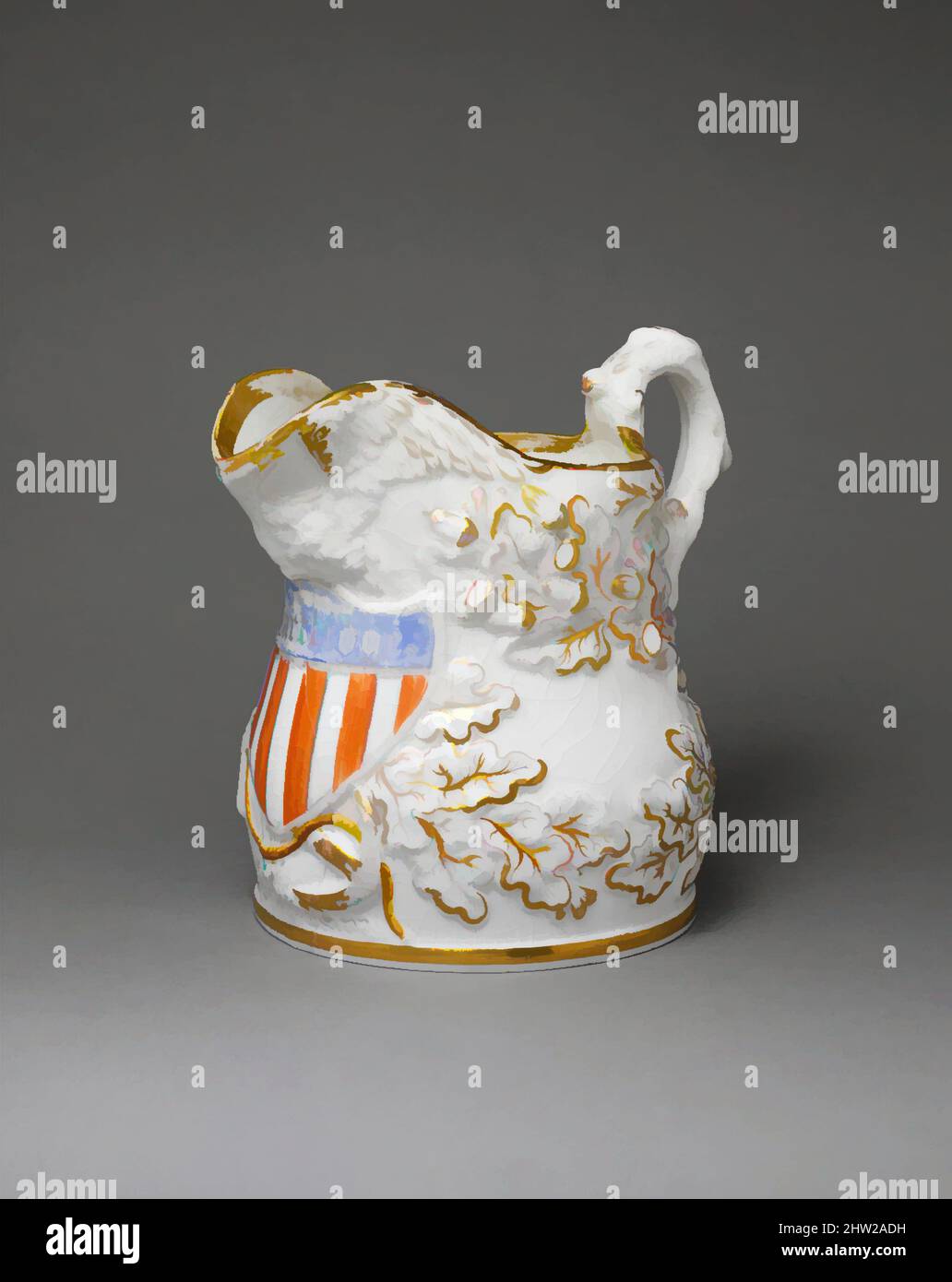 Kunst inspiriert von Pitcher, 1848–56, hergestellt in Brooklyn, New York, USA, Amerikanisch, Porzellan, 11 3/4 x 12 3/4 x 9 1/4 Zoll (29,8 x 32,4 x 23,5 cm), Ceramics, Charles Cartlidge and Company (1848–1856), die Porzellanmanufaktur von Charles Cartlidge and Company aus der Mitte des 19. Jahrhunderts, Classic Works, die von Artotop mit einem Schuss Moderne modernisiert wurde. Formen, Farbe und Wert, auffällige visuelle Wirkung auf Kunst. Emotionen durch Freiheit von Kunstwerken auf zeitgemäße Weise. Eine zeitlose Botschaft, die eine wild kreative neue Richtung verfolgt. Künstler, die sich dem digitalen Medium zuwenden und die Artotop NFT erschaffen Stockfoto