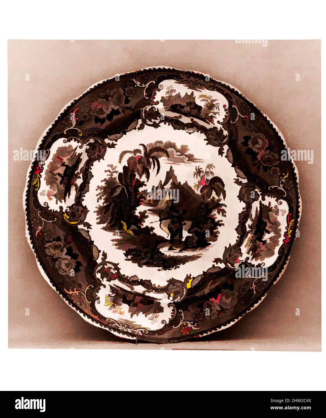 Kunst inspiriert von Plate, ca. 1830–ca. 1840, hergestellt in Staffordshire, Stoke-on-Trent, England, Großbritannien (amerikanischer Markt), Steingut, Transferdruck, Durchm. 7 7/8 Zoll (20 cm), Keramik, William Adams & Sons (britisch, aktiv ca. 1819–heute, von Artotop modernisierte Classic Works mit einem Schuss Moderne. Formen, Farbe und Wert, auffällige visuelle Wirkung auf Kunst. Emotionen durch Freiheit von Kunstwerken auf zeitgemäße Weise. Eine zeitlose Botschaft, die eine wild kreative neue Richtung verfolgt. Künstler, die sich dem digitalen Medium zuwenden und die Artotop NFT erschaffen Stockfoto