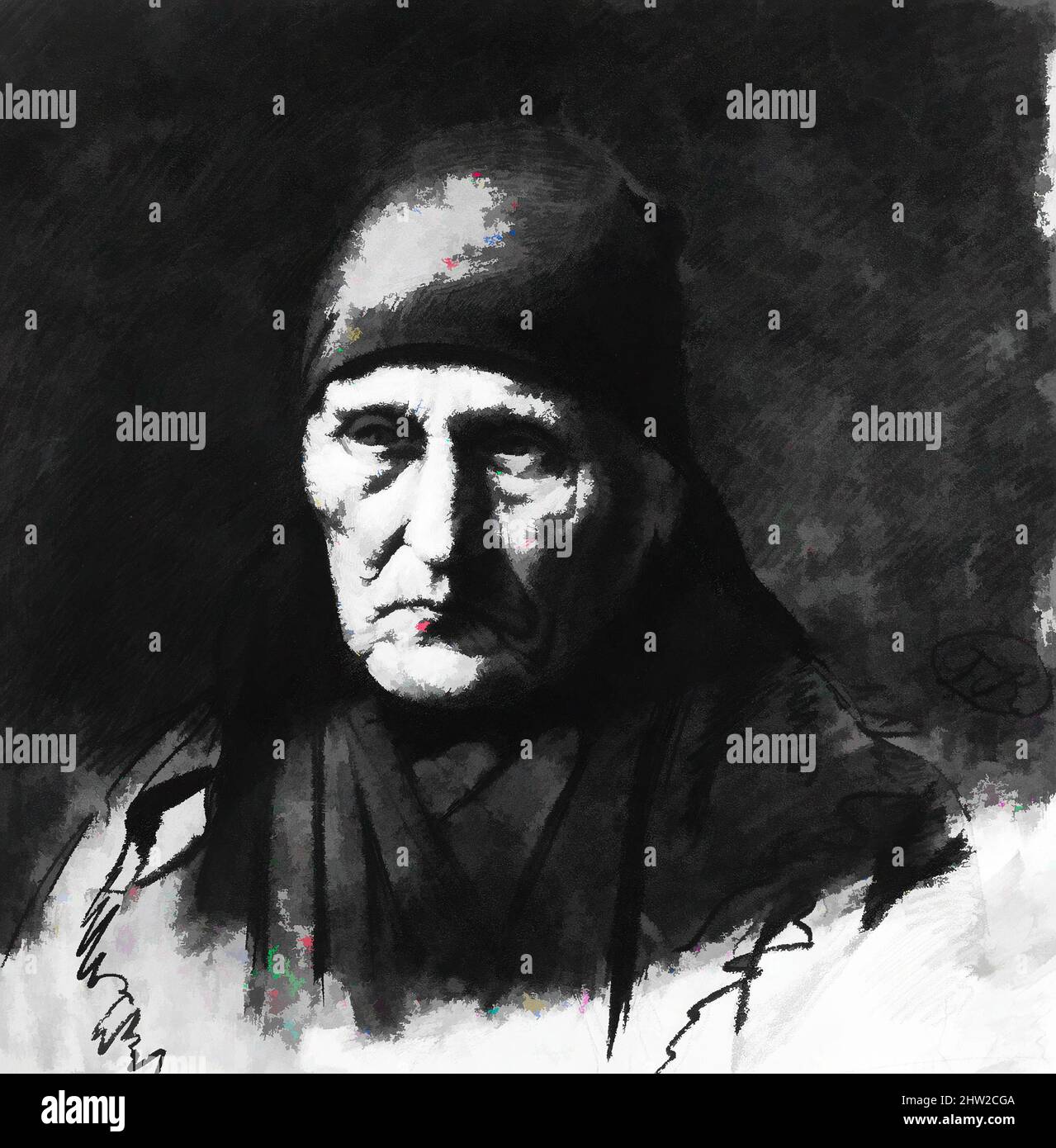 Kunst inspiriert von Charakterstudie, ca. 1866, Kohle auf weißem Gewebspapier, 20 1/4 x 18 3/8 Zoll (51,4 x 46,7 cm), Zeichnungen, Toby E. Rosenthal (1848–1917, Klassische Werke, die von Artotop mit einem Schuss Moderne modernisiert wurden. Formen, Farbe und Wert, auffällige visuelle Wirkung auf Kunst. Emotionen durch Freiheit von Kunstwerken auf zeitgemäße Weise. Eine zeitlose Botschaft, die eine wild kreative neue Richtung verfolgt. Künstler, die sich dem digitalen Medium zuwenden und die Artotop NFT erschaffen Stockfoto