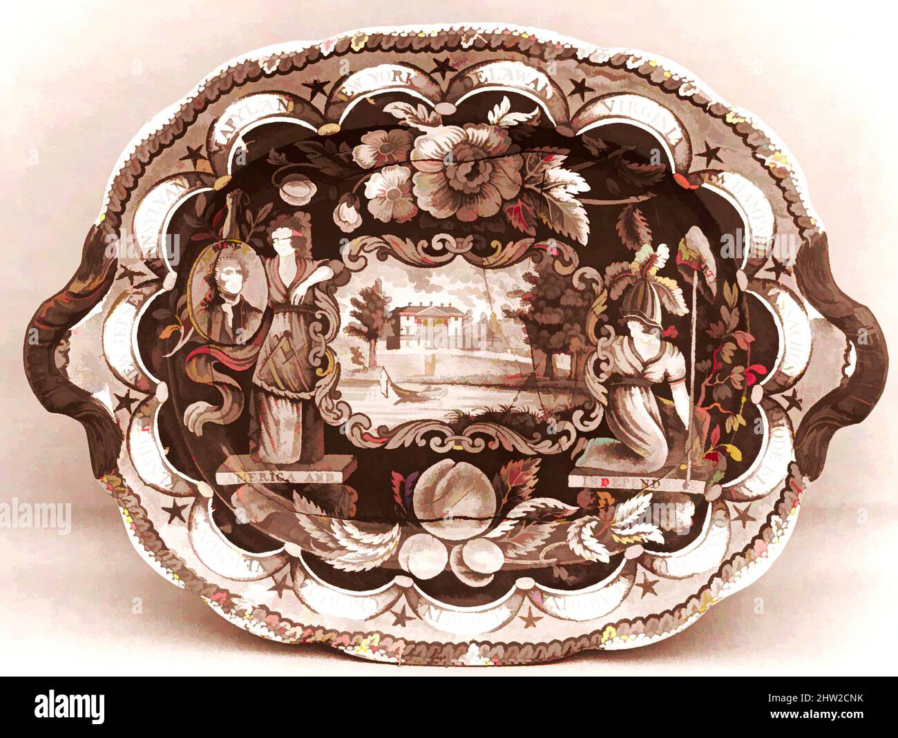 Kunst inspiriert von Platter, ca. 1815–ca. 1834, hergestellt in Staffordshire, Stoke-on-Trent, England, Großbritannien (amerikanischer Markt), Steingut, Transferdruck, 16 x 12 5/16 Zoll (40,6 x 31,3 cm), Ceramics, James und Ralph Clews (britisch, Cobridge, Stoke-on-Trent, aktiv ca. 1818–36, von Artotop modernisierte klassische Werke mit einem Schuss Moderne. Formen, Farbe und Wert, auffällige visuelle Wirkung auf Kunst. Emotionen durch Freiheit von Kunstwerken auf zeitgemäße Weise. Eine zeitlose Botschaft, die eine wild kreative neue Richtung verfolgt. Künstler, die sich dem digitalen Medium zuwenden und die Artotop NFT erschaffen Stockfoto