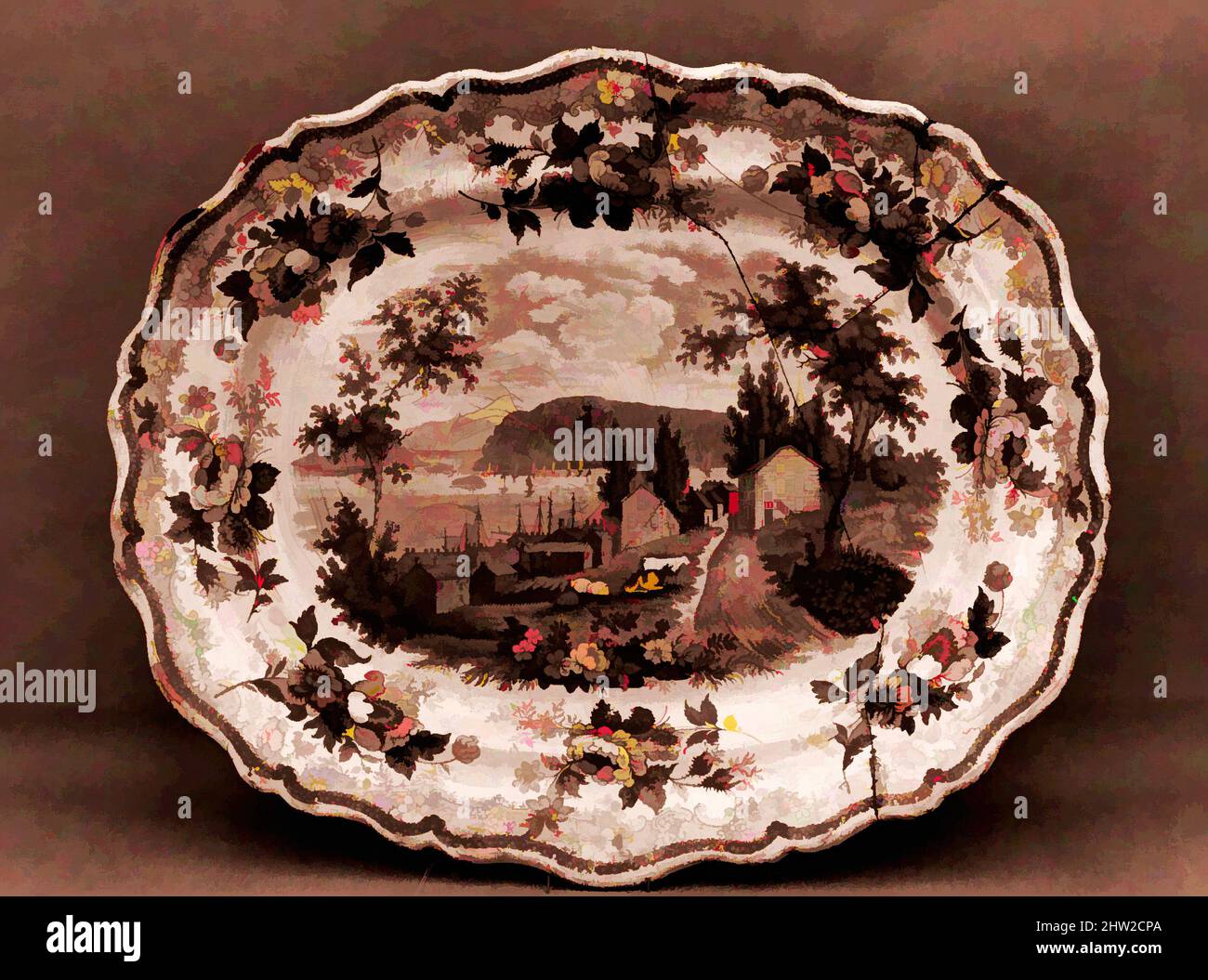 Kunst inspiriert von Platter, ca. 1831–ca. 1835, hergestellt in Staffordshire, England, Britisch (amerikanischer Markt), Steingut, Transferdruck, 12 3/4 x 15 1/2 Zoll (32,4 x 39,4 cm), Ceramics, Job & John Jackson (aktiv 1831–35, Klassisches Werk, modernisiert von Artotop mit einem Schuss Moderne. Formen, Farbe und Wert, auffällige visuelle Wirkung auf Kunst. Emotionen durch Freiheit von Kunstwerken auf zeitgemäße Weise. Eine zeitlose Botschaft, die eine wild kreative neue Richtung verfolgt. Künstler, die sich dem digitalen Medium zuwenden und die Artotop NFT erschaffen Stockfoto