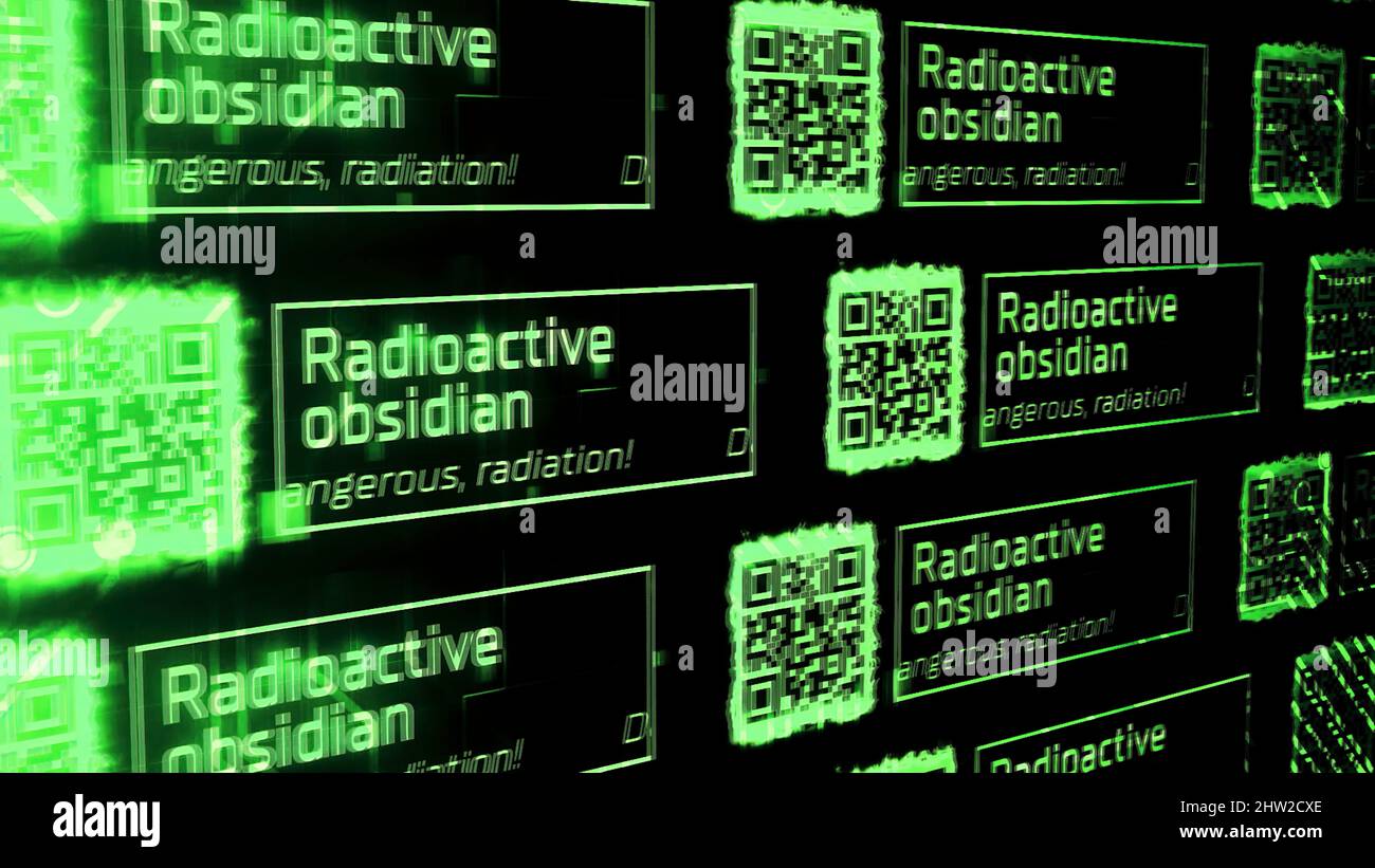 Abstract qr-Codes und die Inschrift radioaktives Obsidian. Bewegung. Warninformationen über infizierte gefährliche Bereiche, nahtlose Schleife Stockfoto