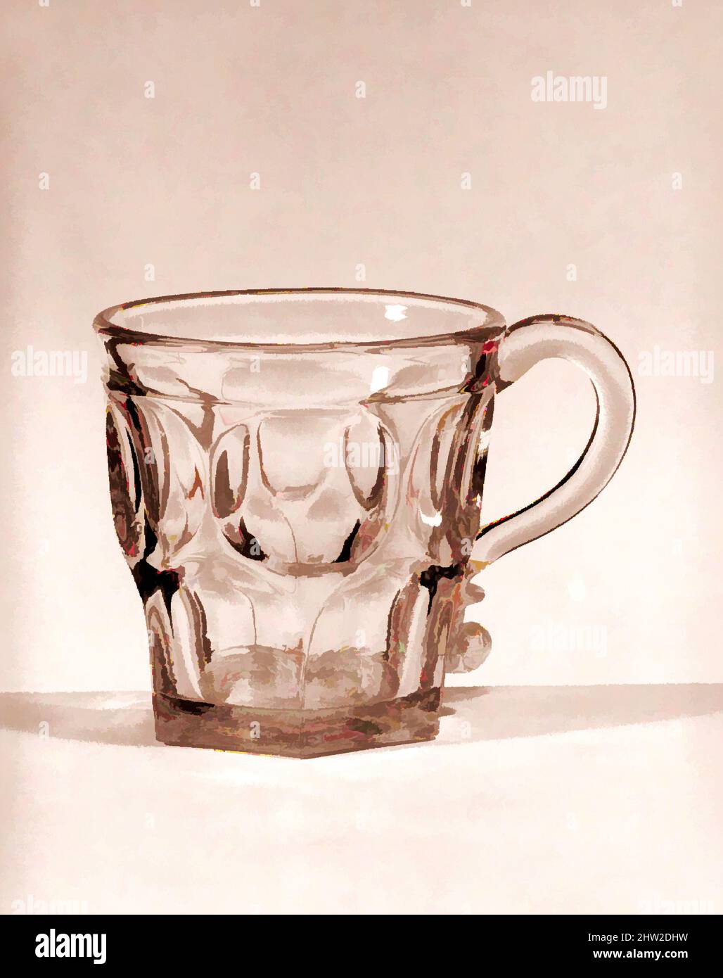 Art Inspired by Punch Glass, 1830–70, Made in United States, amerikanisch, Pressglas, H. 2 13/16 Zoll (7,1 cm), Glas, mit der Entwicklung neuer Formeln und Techniken hatte sich die Technologie des Glaspressens Ende 1840s deutlich verbessert. Zu dieser Zeit wurden gepresste Tischdecken, klassische Werke von Artotop mit einem Schuss Moderne modernisiert. Formen, Farbe und Wert, auffällige visuelle Wirkung auf Kunst. Emotionen durch Freiheit von Kunstwerken auf zeitgemäße Weise. Eine zeitlose Botschaft, die eine wild kreative neue Richtung verfolgt. Künstler, die sich dem digitalen Medium zuwenden und die Artotop NFT erschaffen Stockfoto