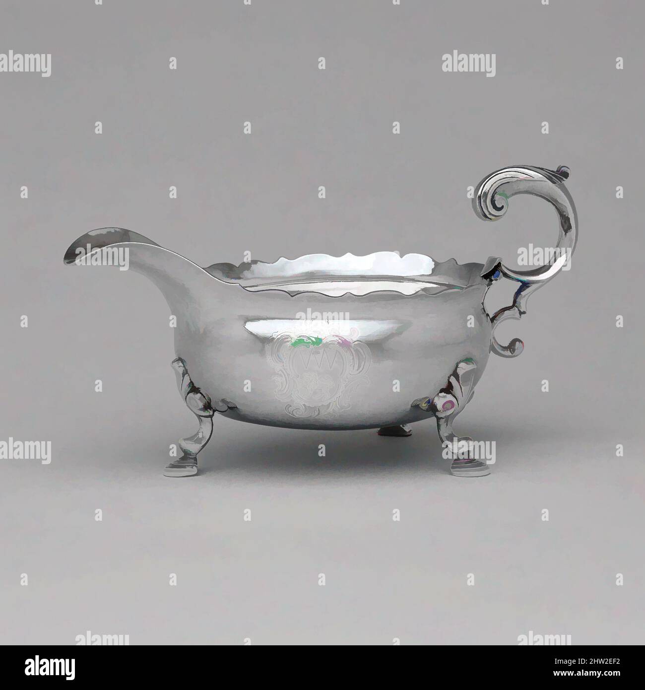 Kunst inspiriert von Sauceboat, 1750–55, hergestellt in Philadelphia, Pennsylvania, USA, Amerikanisch, Silber, 4 3/16 x 7 7/8 x 4 1/16 Zoll (10,6 x 20 x 10,3 cm); 11 oz. 16 dwt. (366,5 g), Silver, Joseph Richardson Sr. (1711–1784), eingeführt in Amerika in der ersten Hälfte des achtzehnten, Klassisches Werk modernisiert von Artotop mit einem Schuss Moderne. Formen, Farbe und Wert, auffällige visuelle Wirkung auf Kunst. Emotionen durch Freiheit von Kunstwerken auf zeitgemäße Weise. Eine zeitlose Botschaft, die eine wild kreative neue Richtung verfolgt. Künstler, die sich dem digitalen Medium zuwenden und die Artotop NFT erschaffen Stockfoto