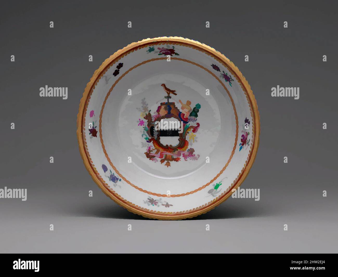 Von der Untertasse inspirierte Kunst, 1785–90, Made in China, Chinesisch, für den amerikanischen Markt, Porzellan, Durchm. 5 1/8 Zoll (13 cm), Keramik, Dieses Objekt gehört zu einem großen Dinner-Service mit dem Wappen der Familie Townley. Der Service, der wahrscheinlich von Justice Samuel Chase (1741–1811) in Auftrag gegeben wurde, der von Artotop modernisierten Classic Works mit einem Schuss Modernität. Formen, Farbe und Wert, auffällige visuelle Wirkung auf Kunst. Emotionen durch Freiheit von Kunstwerken auf zeitgemäße Weise. Eine zeitlose Botschaft, die eine wild kreative neue Richtung verfolgt. Künstler, die sich dem digitalen Medium zuwenden und die Artotop NFT erschaffen Stockfoto