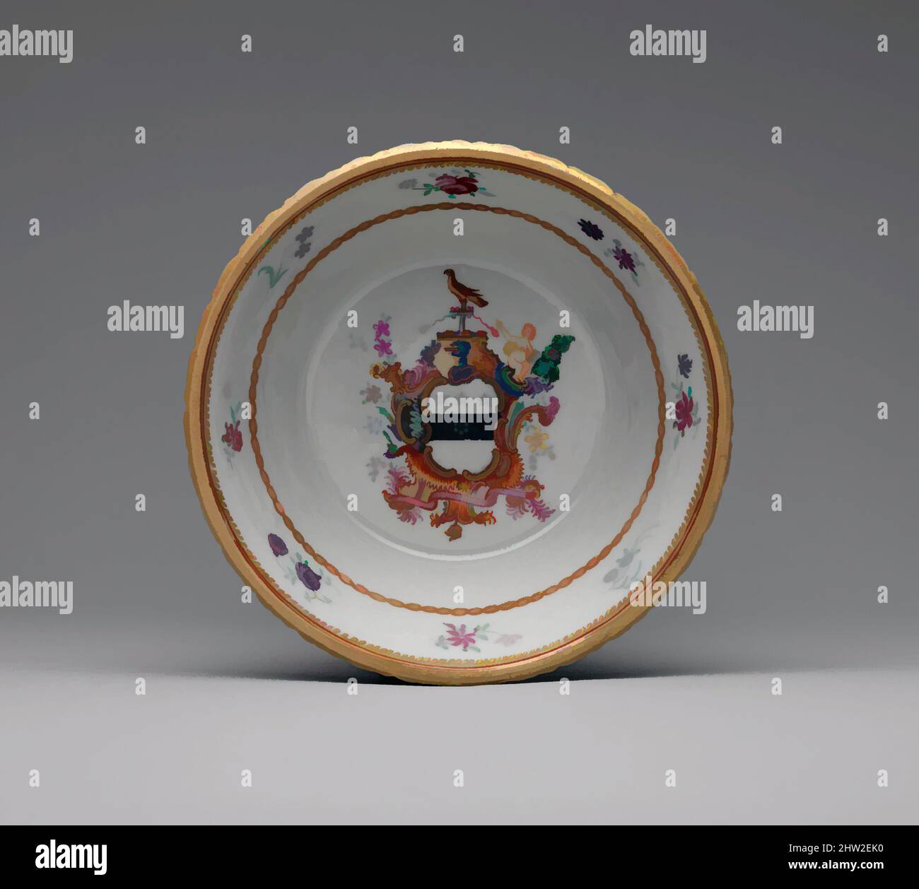 Von der Untertasse inspirierte Kunst, 1785–90, Made in China, Chinesisch, für den amerikanischen Markt, Porzellan, Durchm. 5 1/8 Zoll (13 cm), Keramik, Dieses Objekt gehört zu einem großen Dinner-Service mit dem Wappen der Familie Townley. Der Service, der wahrscheinlich von Justice Samuel Chase (1741–1811) in Auftrag gegeben wurde, der von Artotop modernisierten Classic Works mit einem Schuss Modernität. Formen, Farbe und Wert, auffällige visuelle Wirkung auf Kunst. Emotionen durch Freiheit von Kunstwerken auf zeitgemäße Weise. Eine zeitlose Botschaft, die eine wild kreative neue Richtung verfolgt. Künstler, die sich dem digitalen Medium zuwenden und die Artotop NFT erschaffen Stockfoto