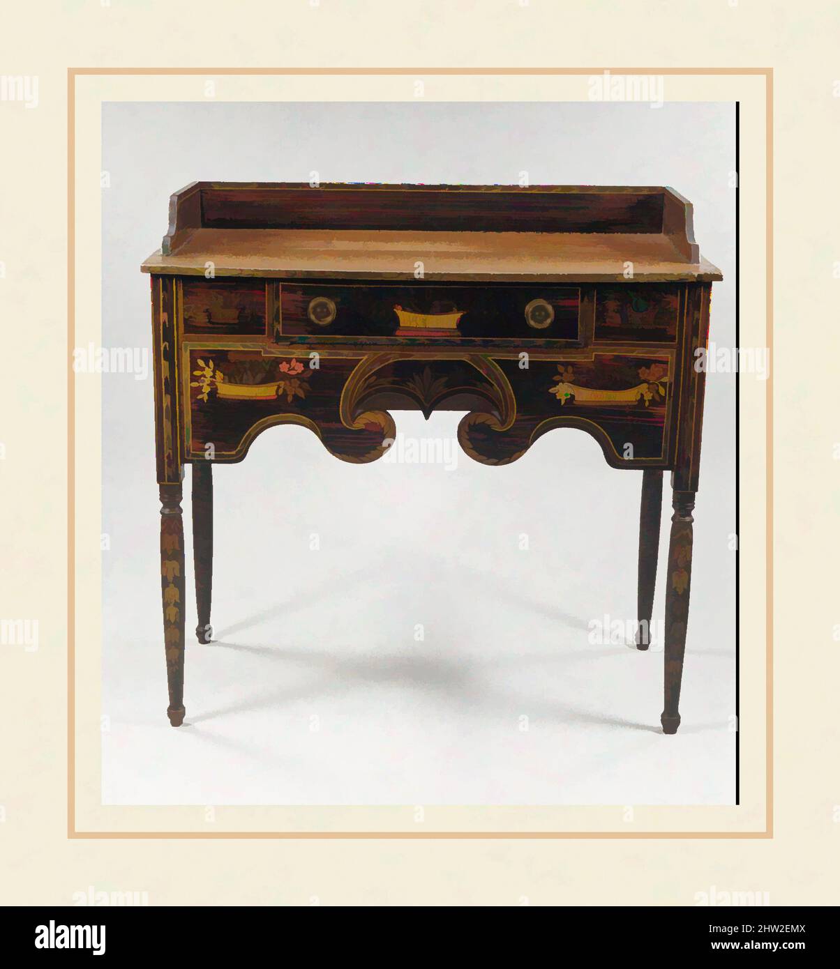 Kunst inspiriert von Serving Table, ca. 1830, möglicherweise hergestellt in New York, USA, Amerikaner, Pappel und Walnuss, bemalt, Genarbt und vergoldet, 40 5/8 x 42 x 21 Zoll (103,2 x 106,7 x 53,3 cm), Möbel, Classic Works modernisiert von Artotop mit einem Schuss Moderne. Formen, Farbe und Wert, auffällige visuelle Wirkung auf Kunst. Emotionen durch Freiheit von Kunstwerken auf zeitgemäße Weise. Eine zeitlose Botschaft, die eine wild kreative neue Richtung verfolgt. Künstler, die sich dem digitalen Medium zuwenden und die Artotop NFT erschaffen Stockfoto