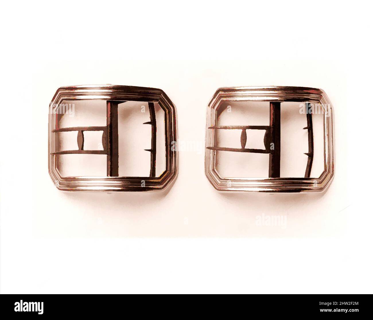 Art Inspired by Shoe Buckle, 1770–1810, amerikanisch, Silber, 3 1/8 x 2 1/2 Zoll (7,9 x 6,4 cm), Silber, gekennzeichnet durch J. F. (?) B, Classic Works modernisiert von Artotop mit einem Schuss Moderne. Formen, Farbe und Wert, auffällige visuelle Wirkung auf Kunst. Emotionen durch Freiheit von Kunstwerken auf zeitgemäße Weise. Eine zeitlose Botschaft, die eine wild kreative neue Richtung verfolgt. Künstler, die sich dem digitalen Medium zuwenden und die Artotop NFT erschaffen Stockfoto