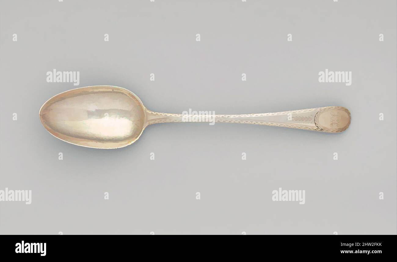 Von Spoon inspirierte Kunst, 1770–1800, hergestellt in Boston, Massachusetts, USA, Amerikanisch, Silber, L. 8 5/8 Zoll (21,9 cm), Silver, Paul Revere Jr. (Amerikaner, Boston, Massachusetts 1734–1818 Boston, Massachusetts, Klassisches Werk, das von Artotop mit einem Schuss Moderne modernisiert wurde. Formen, Farbe und Wert, auffällige visuelle Wirkung auf Kunst. Emotionen durch Freiheit von Kunstwerken auf zeitgemäße Weise. Eine zeitlose Botschaft, die eine wild kreative neue Richtung verfolgt. Künstler, die sich dem digitalen Medium zuwenden und die Artotop NFT erschaffen Stockfoto